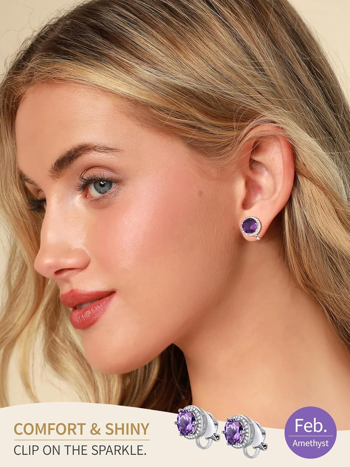 FindChic Sparkling Birthstone Clip On Earrings for Women, Silver Plated Stud Earrings 8MM Cubic Zirconia Non Pierced Studs, 12 Months Birthday Jewelry Gift