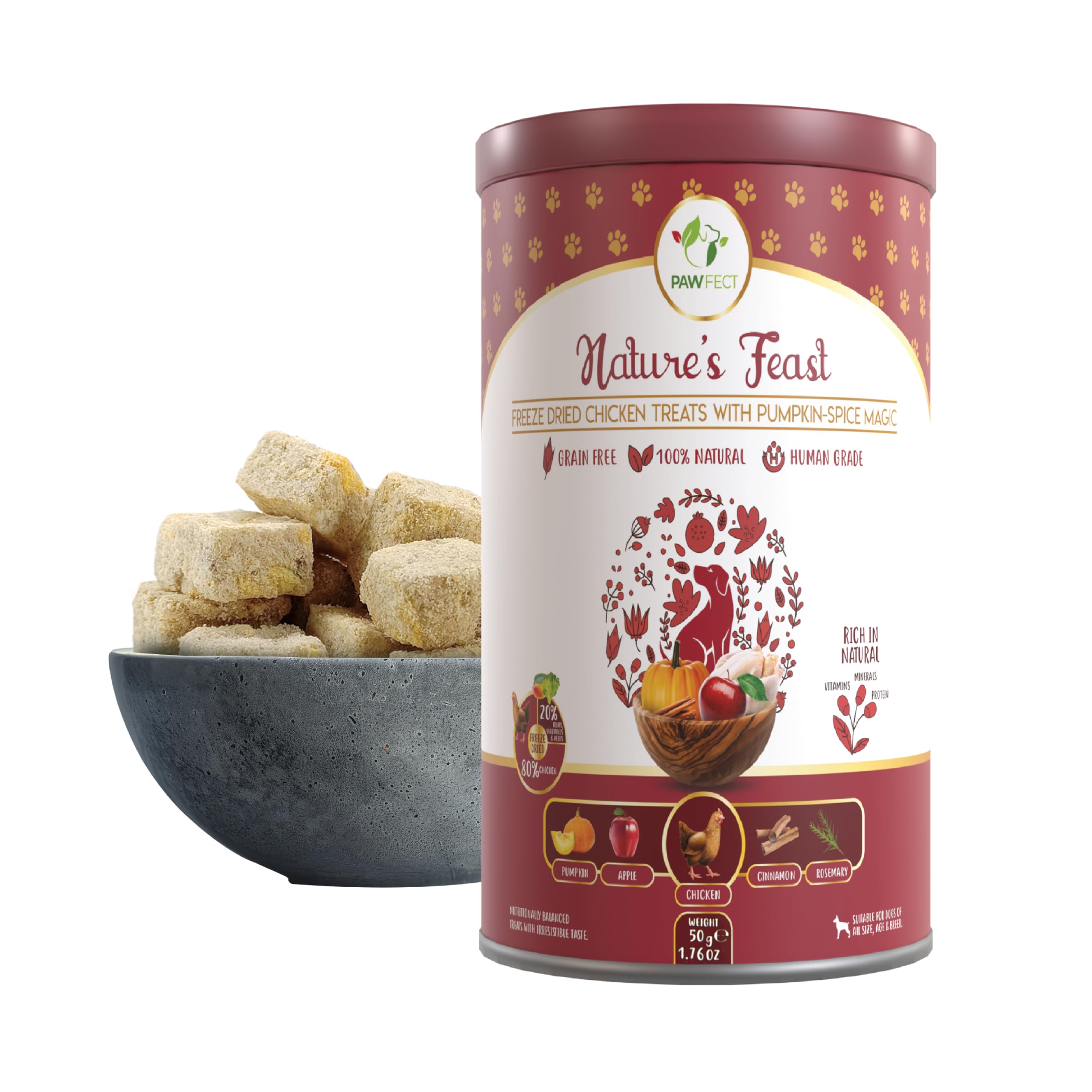 Pawfect Nature's Feast Freeze Dried Chicken Treats for Dogs with Pumpkin Spice Magic - 80% Chicken, 20% Pumpkin & Spices- Hypoallergenic- Grain-Free- Promotes Immunity - Supports Digestion(50g/1.76oz)