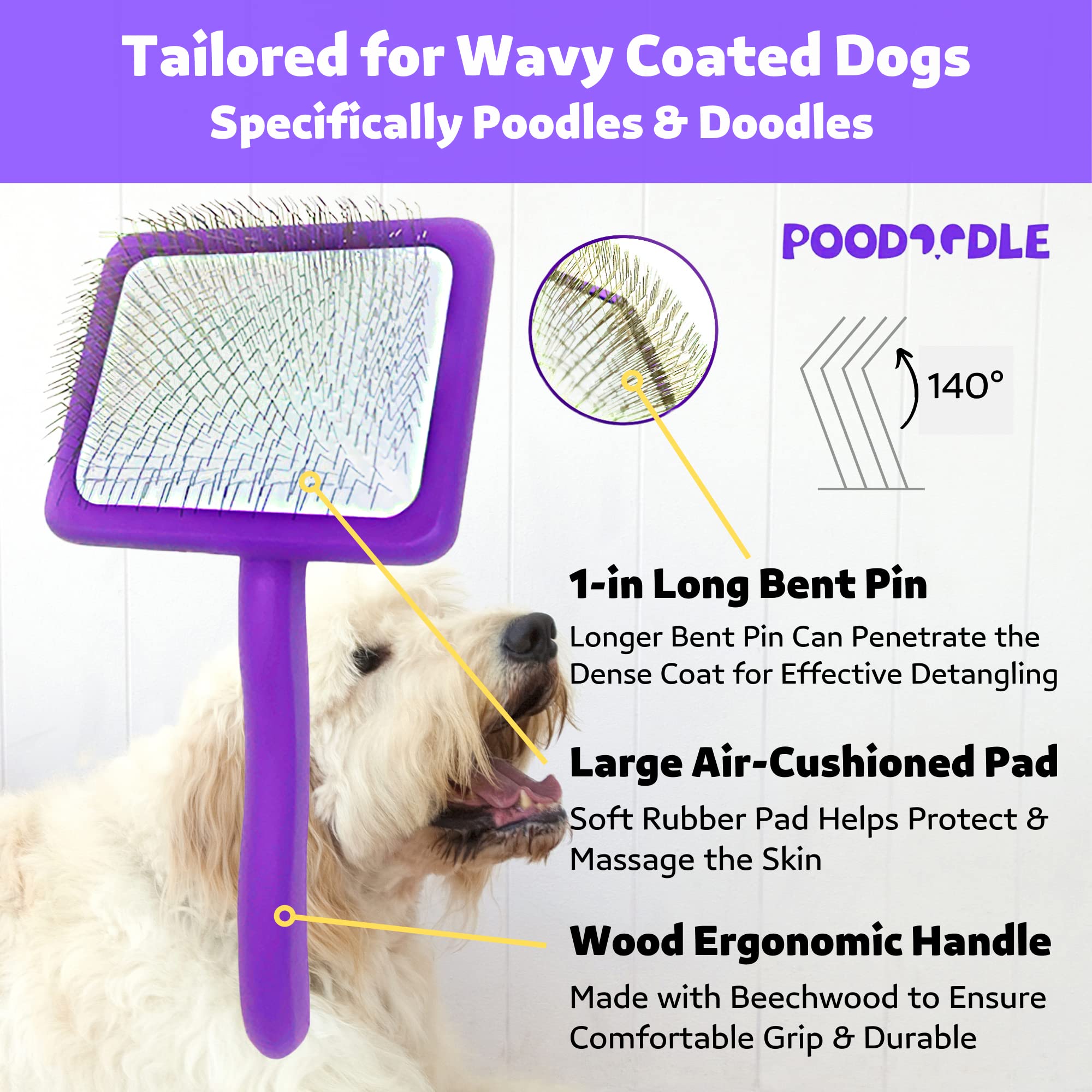 Poodoodle Slicker Brush for Poodles & Doodles, Long Pin Wood Dog Brush for Poodles