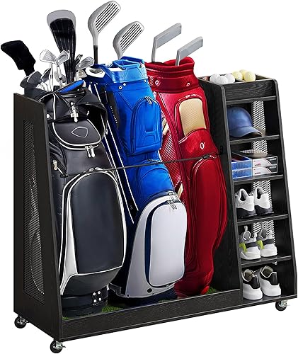 Miniatura 1 de DWVO Organizador de bolsas de golf para garaje, soporte de madera para bolsas de golf con ruedas, organizador de almacenamiento de golf para bolsas