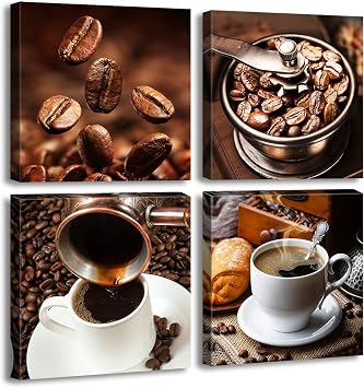 Coffee Kitchen Canvas Wall Art, Brown Cafe Print 1212 Inch 4 Panel Set