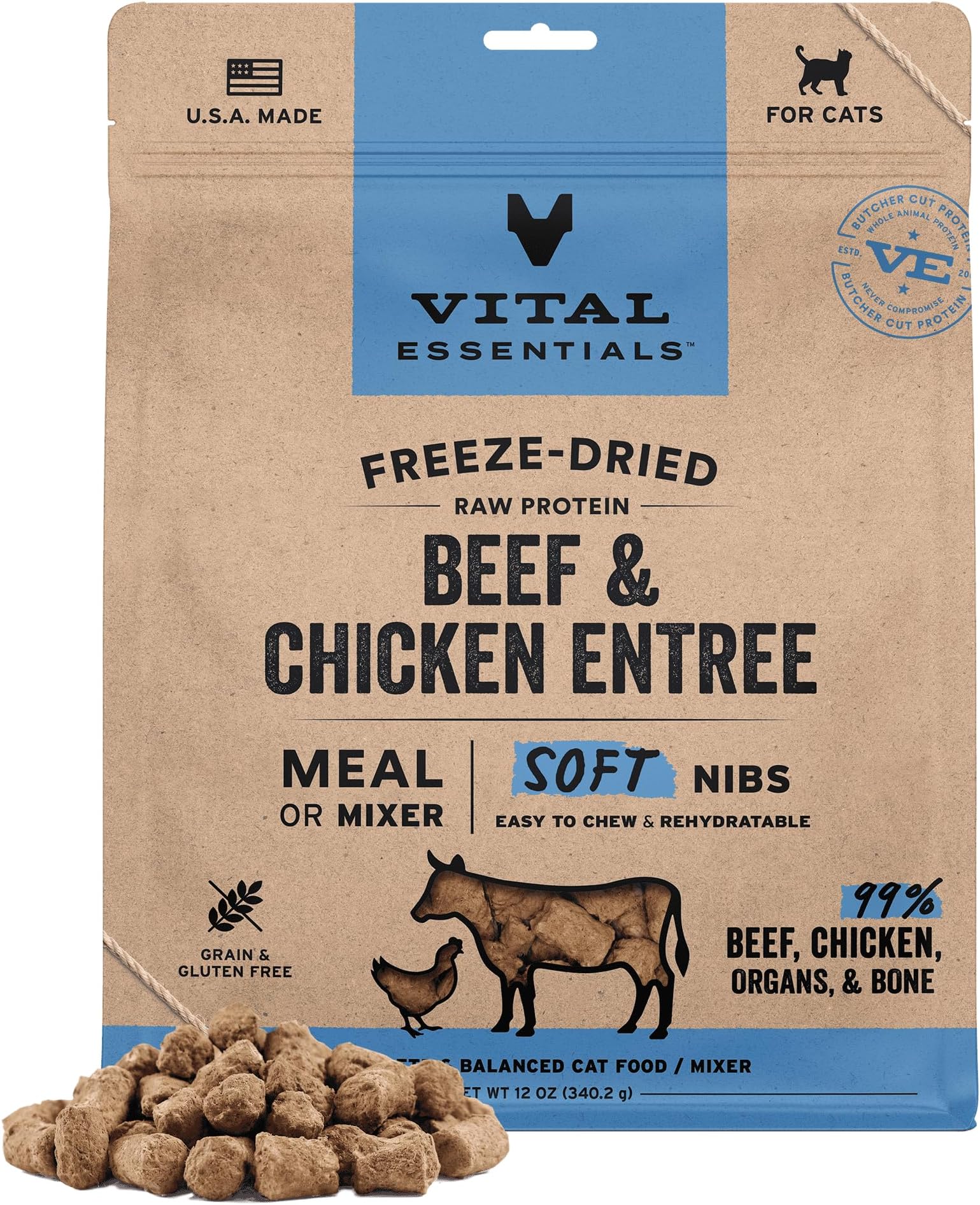 Freeze Dried Cat Food, Raw Beef & Chicken Soft Nibs | Complete Meal or Topper | 99% Beef, Chicken, Organs & Bone | High Protein, Grain Free Dry Cat Food | 12 oz Bag