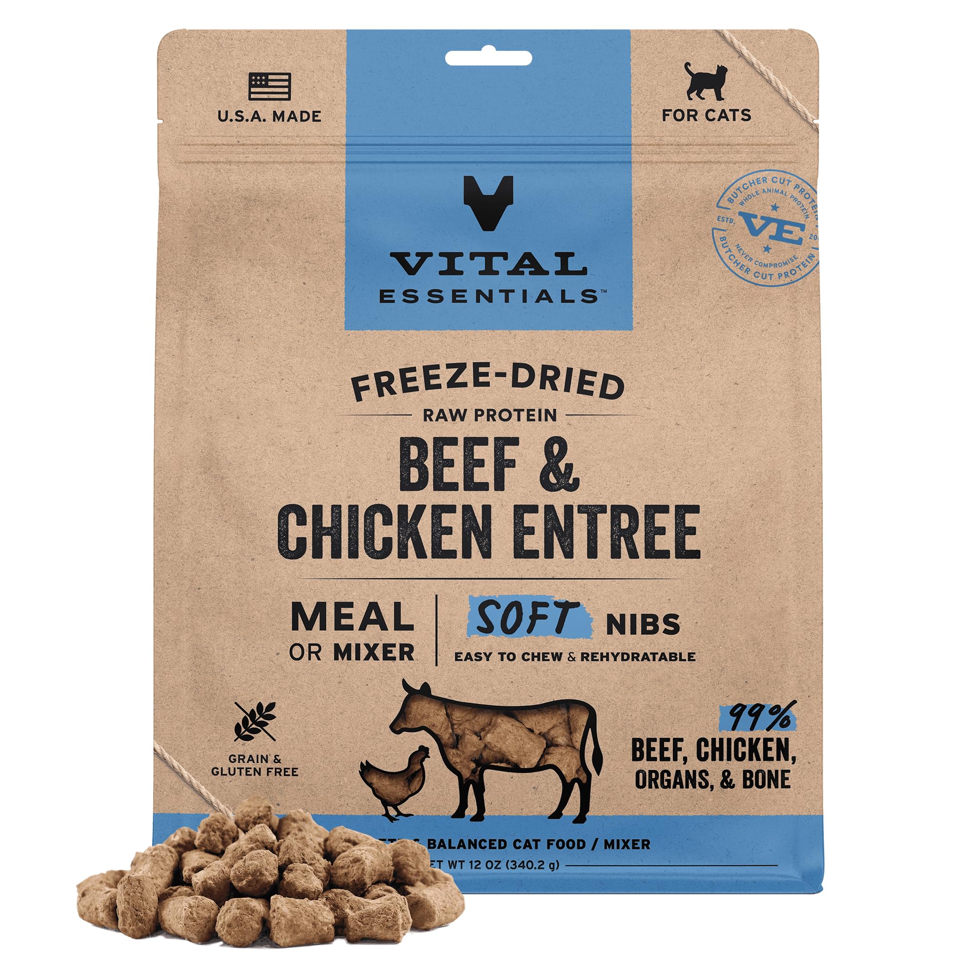Vital EssentialsFreeze-Dried Raw Beef & Chicken Meal or Mixer Cat Food Soft Nibs | 99% Beef, Chicken, Organs & Bone | 12 oz