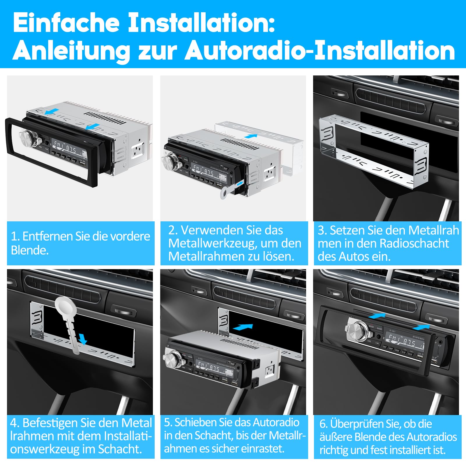 RDS Autoradio Bluetooth 5.0, CENXINY Auto Radio Bluetooth Freisprecheinrichtung, 4x65W 1 Din Autoradio mit Uhr/Fernbedienung MP3 Player unterstützt 2 USB/AUX-Eingänge/TF/SD/FM/iOS Android(Keine CD)
