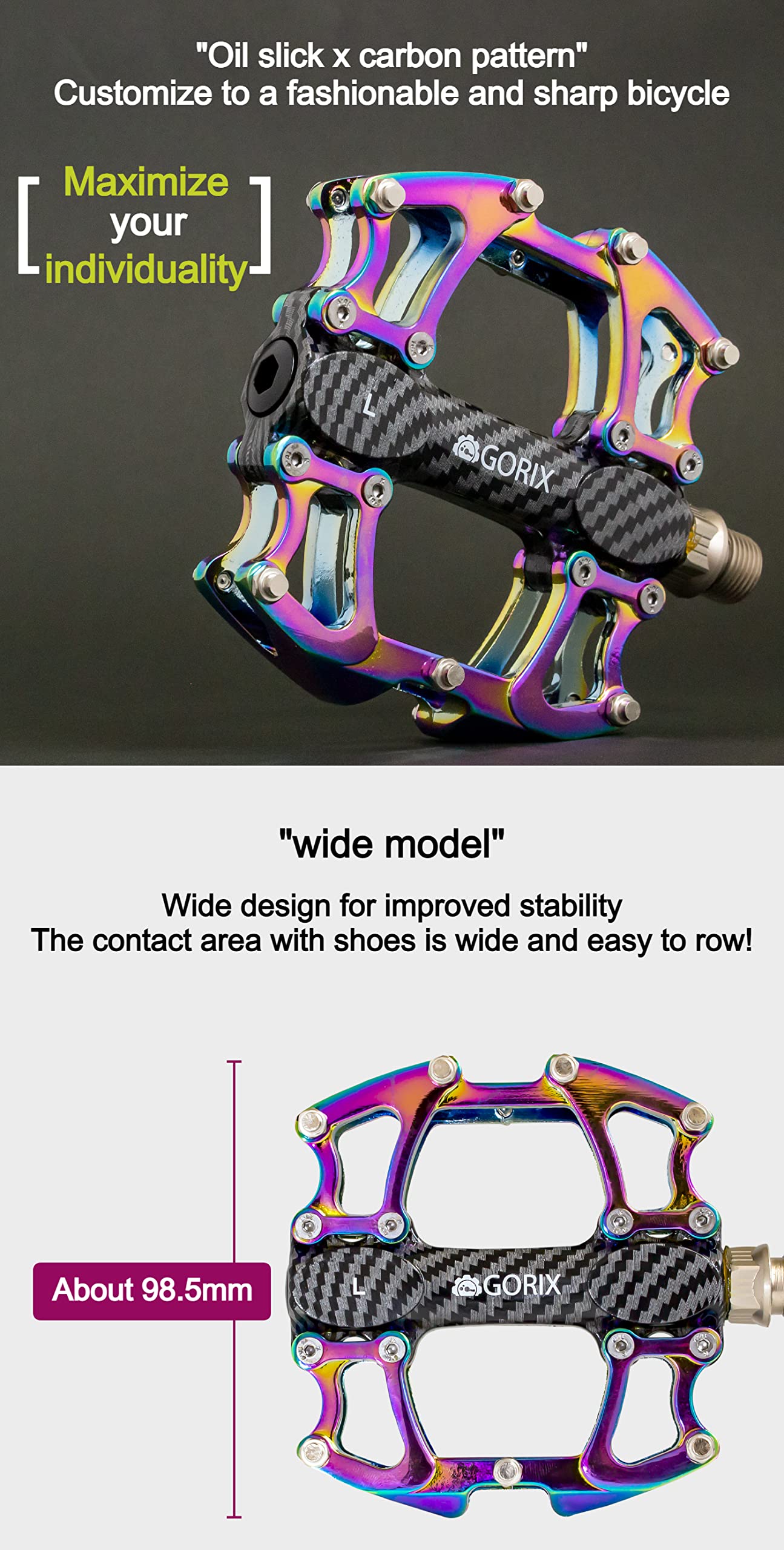 GORIX Vélo Pédales Plates Larges CNC Légères avec Broche Antidérapante Spike Huile Slick Route Montagne VTT Vélo (GX-Fi777)
