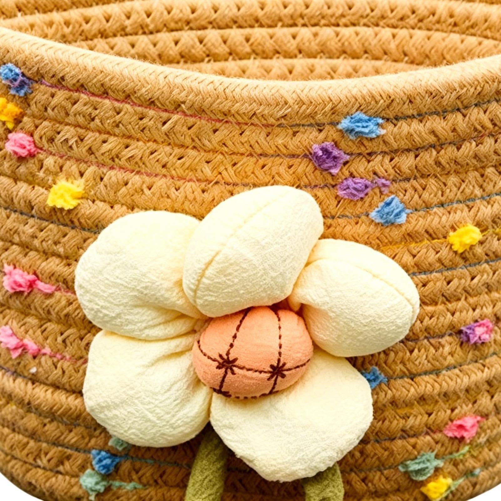 Kids Bicycle Basket - Hand Woven Cotton Rope Plush Flower, Kids Small Bicycle Basket for Scooters, Tricycles, Balance Bikes, Beverages Keys Small Toys Storage Front Handle Use