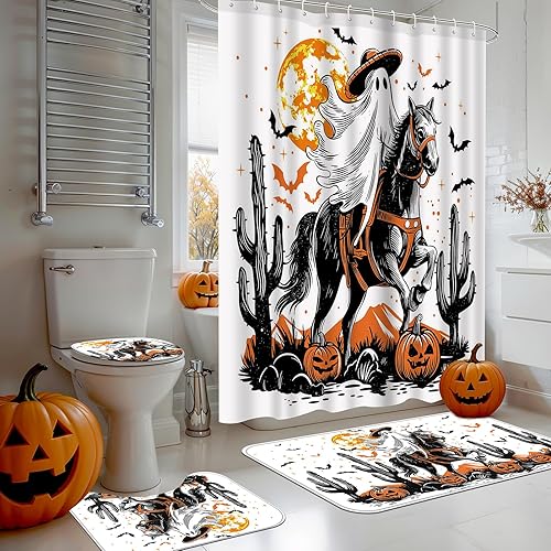 Miniatura 2 de Ticuenicoa Juego de 4 cortinas de ducha de Halloween con diseño de jinete fantasma, incluye cortina de ducha de 72 x 72 pulgadas, alfombras de baño,