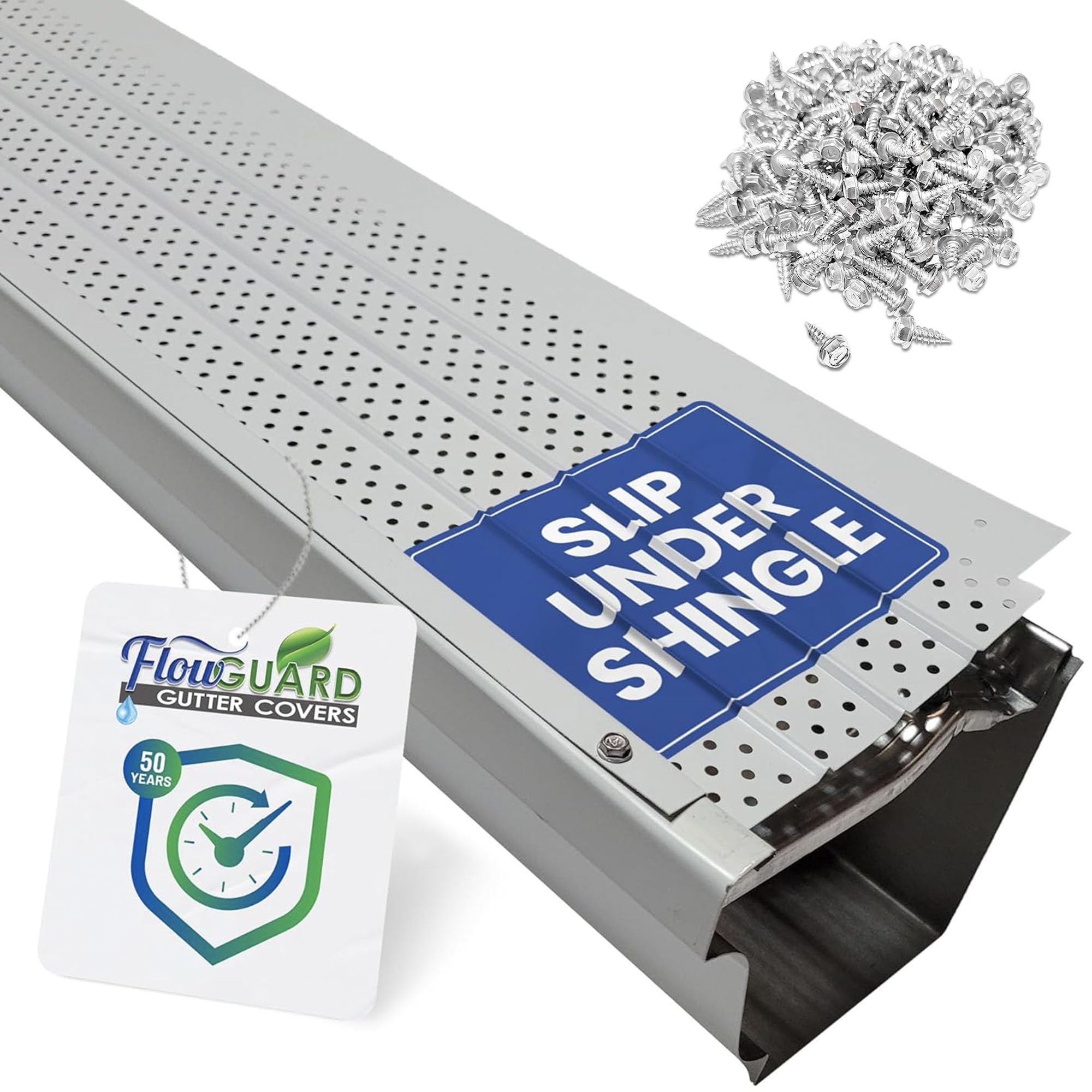 FlowGuard USA Made Slip Under Shingle Professional DIY Universal 5 Inch & 6 Inch 50-Year Gutter Cover System - White - Aluminum Gutter Guards - 204 Feet - by FlexxPoint
