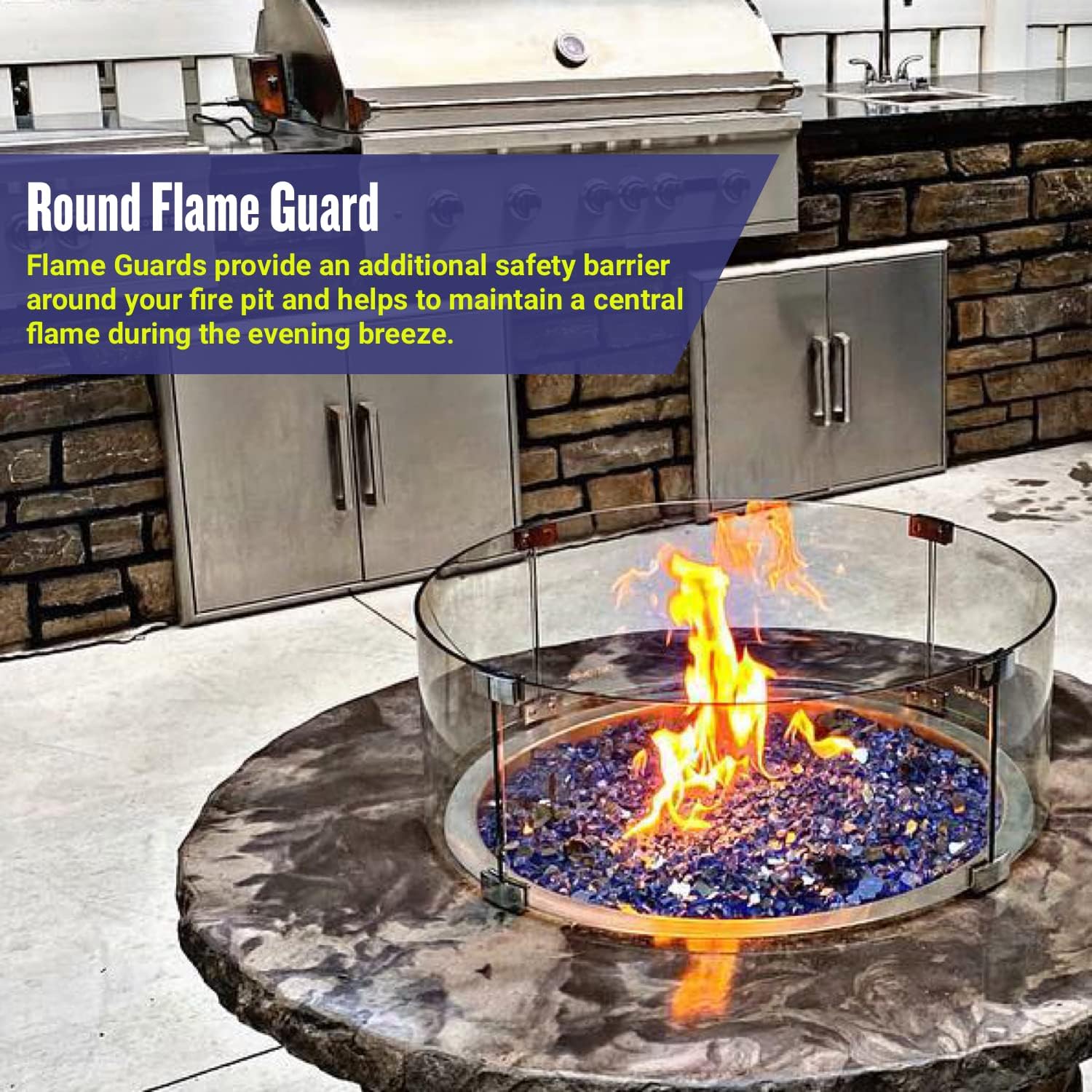 Elegant Round Propane Fire Pit Glass Flame Guard, 23-Inch