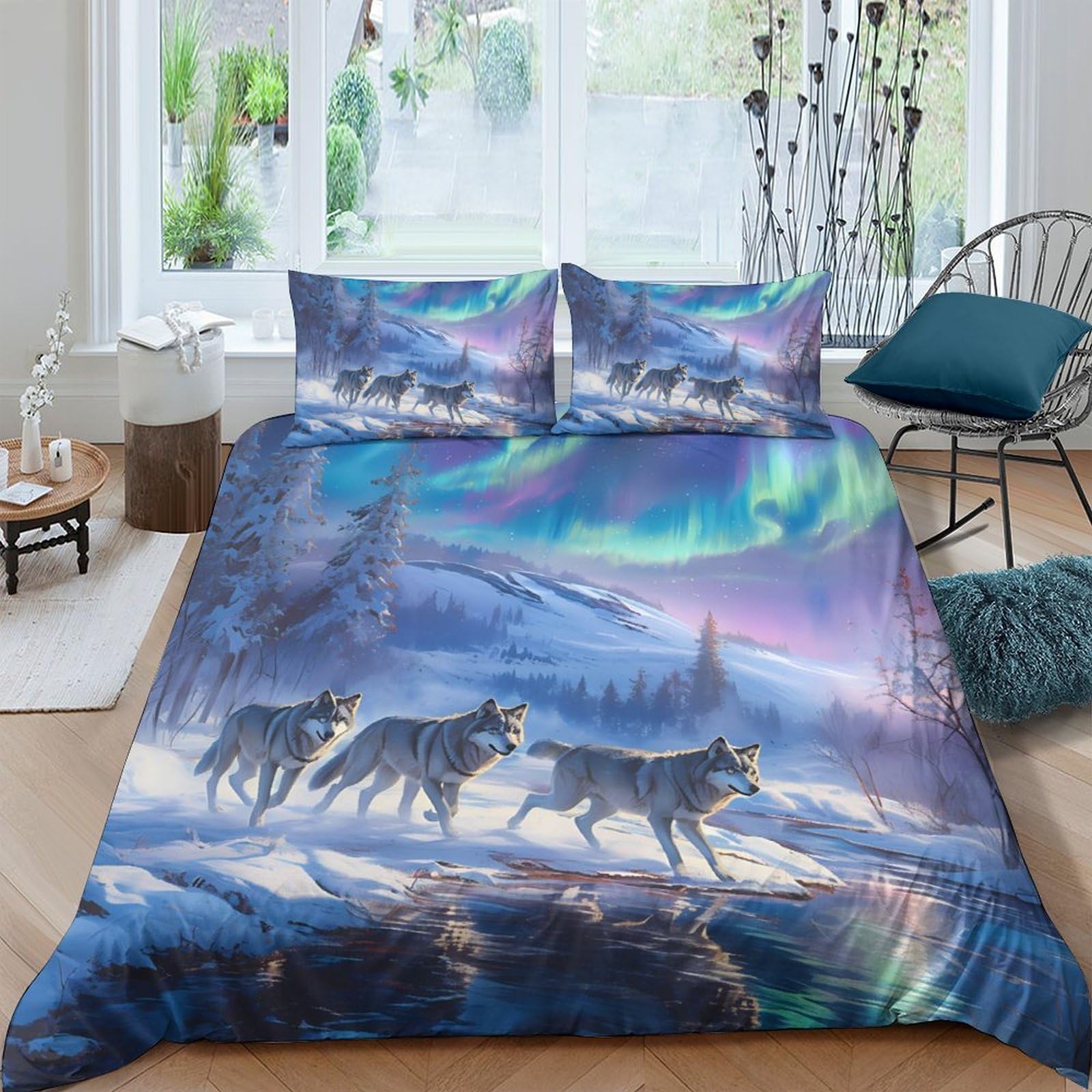 Ctjqhvkz Style-9 3D Printed Aurora Wolf Fitted Sheet Microfiber Anti-Slip Northern Lights Mattress Cover For Bedroom Decor Machine Washable Single（135X200cm）