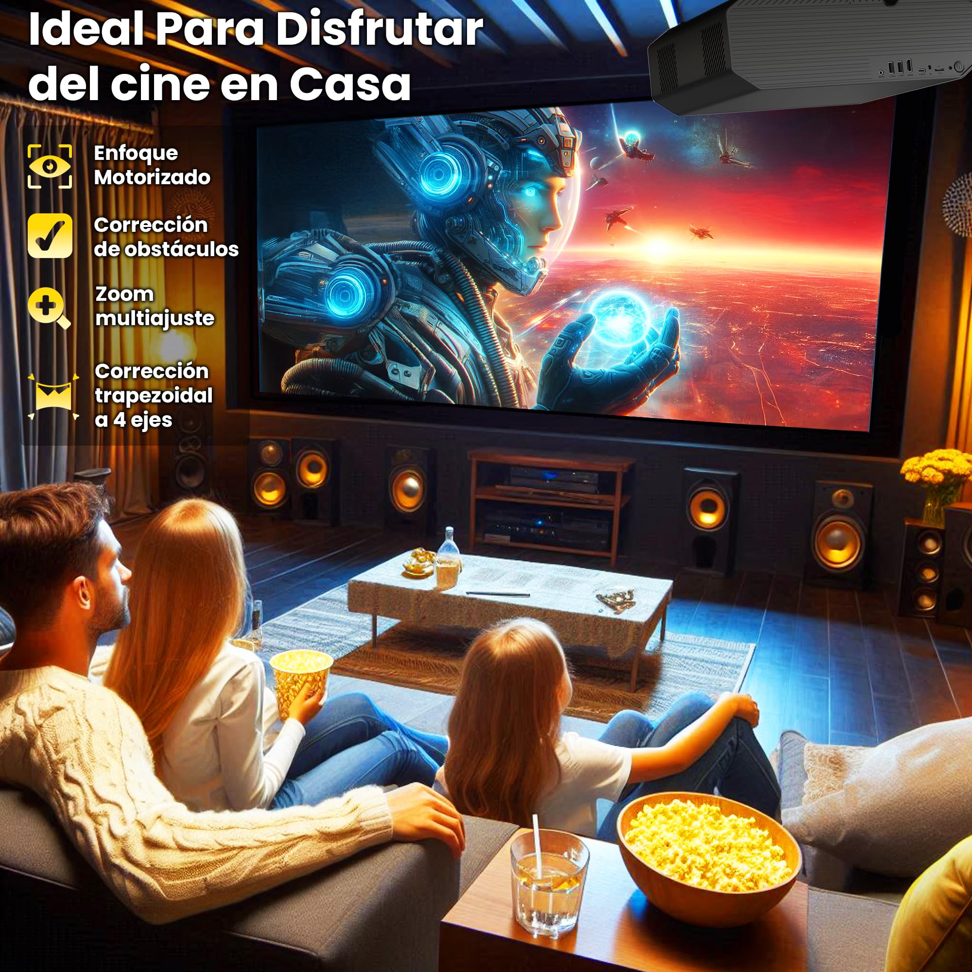 Proyector 4K, Unicview K5000, 1800 ANSI lúmenes, Cine en casa y presentaciones, Enfoque motorizado, Keystone 4D, Zoom Digital, HDMI, USB-C, Jack 3.5, Altavoces 10W (AndroidTV)