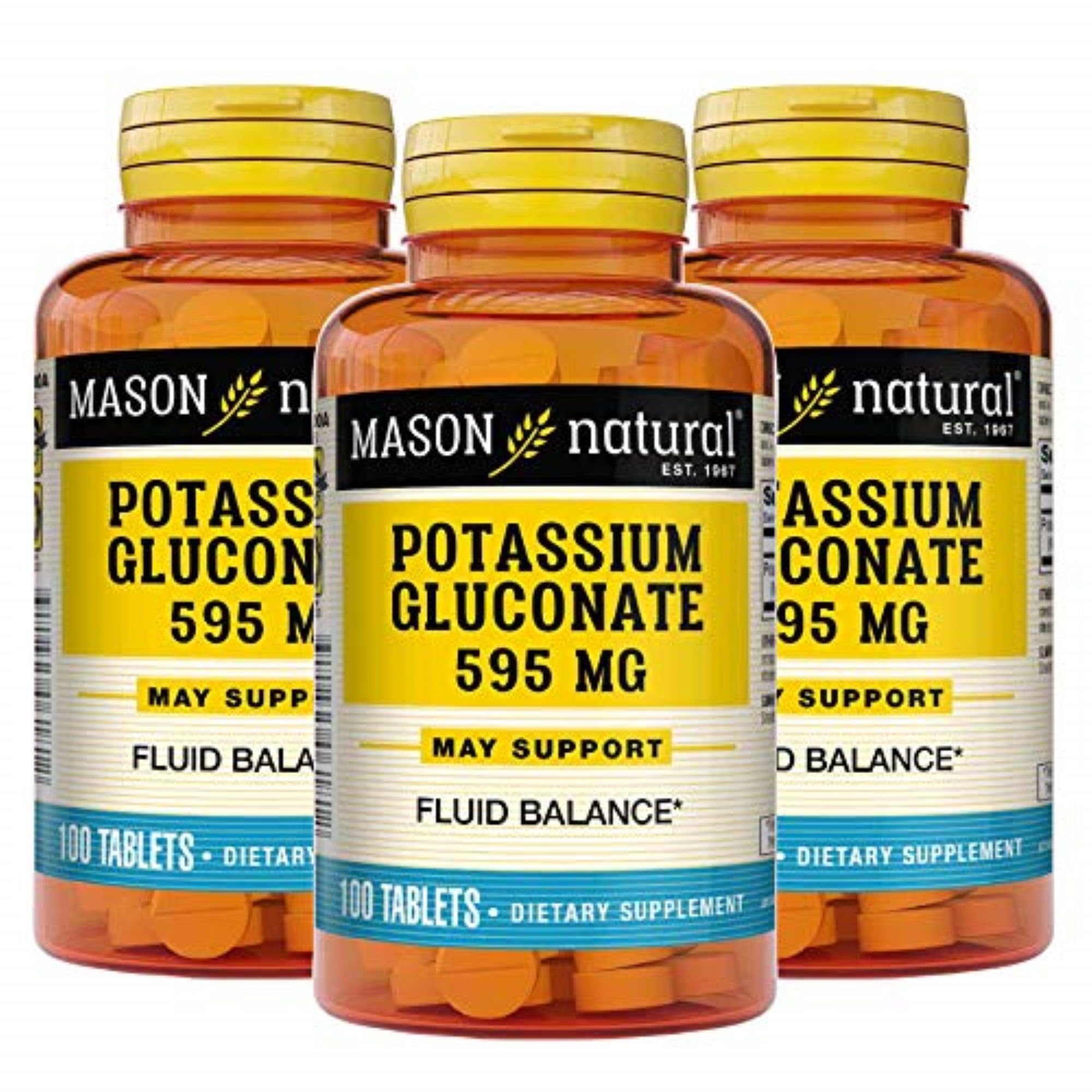 Mason Natural Potassium Gluconate 595 mg, 300 Day Supply, 100 Tablets (Pack of 3)