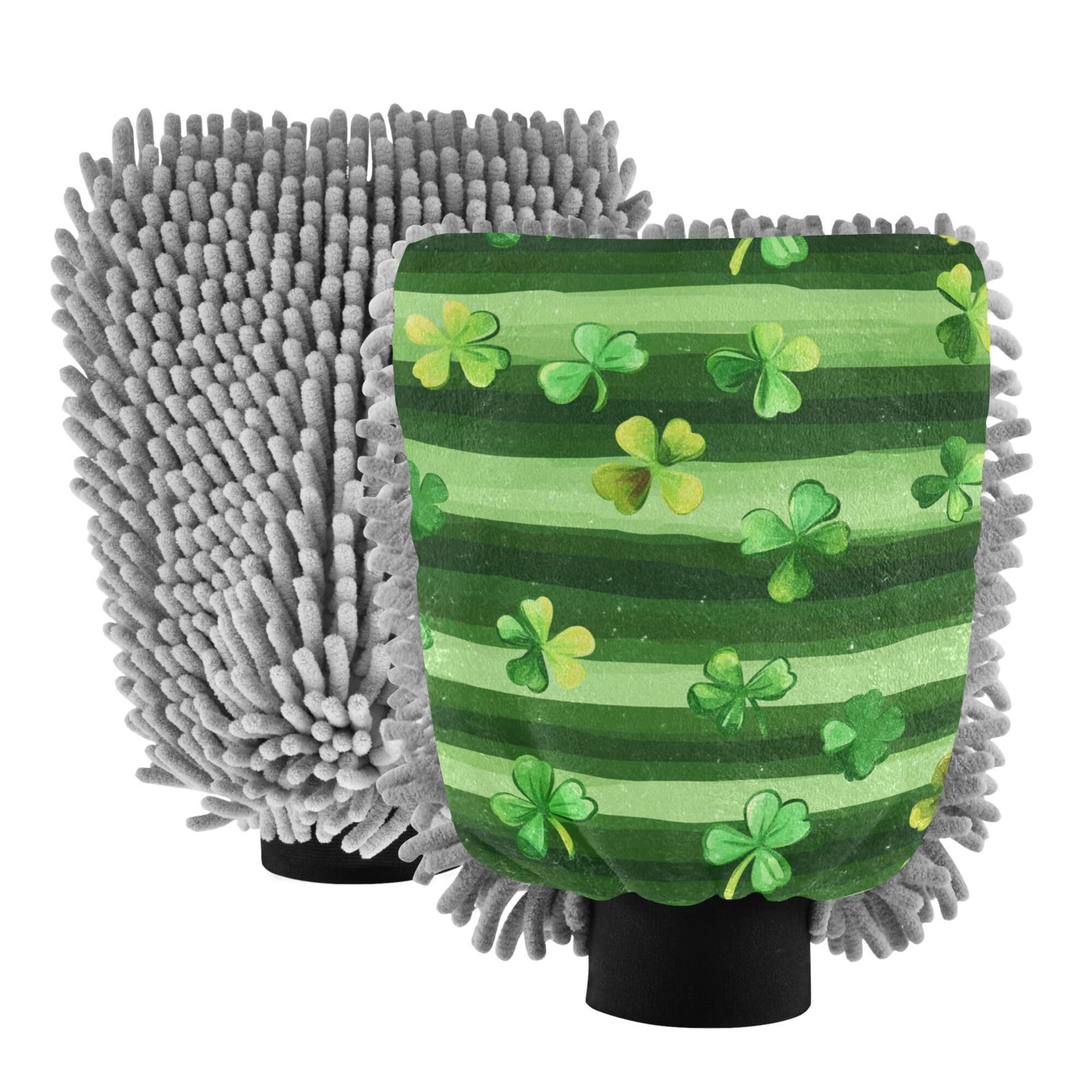 St.Patrick's Green Shamrocks Stripes Wash Mitt Microfiber 11.8'' Cars Washing Mitts Scratch-Free Cleaning Mitten for Hand Brush Cleaning