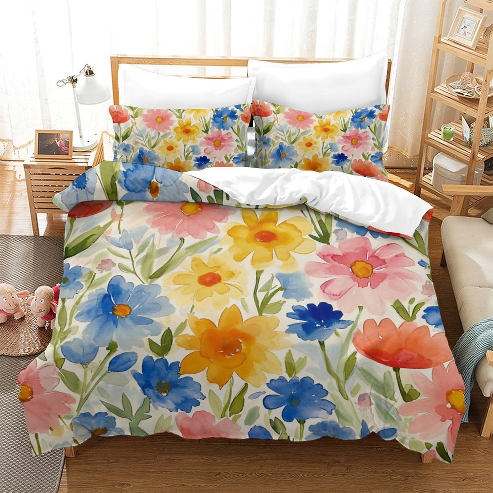 Taies d'oreiller double housse couette 200x200 fleurs aquarelle 3D