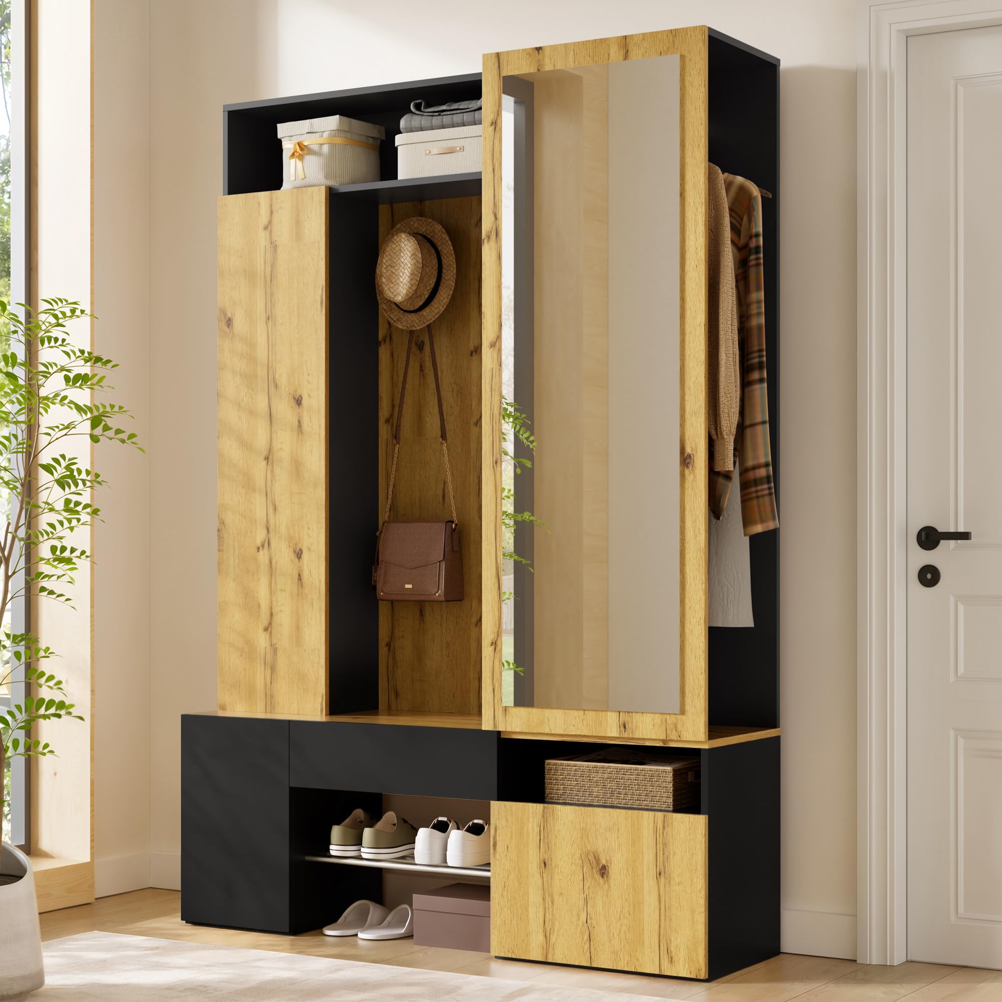 Armario de madera MDF con espejo, color negro natural, zapatero, perchero, perchero, gancho