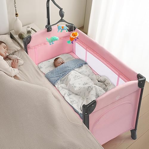 Miniatura 10 de JOYMOR Cuna junto a la cama para bebé, moisés para bebé, parque infantil convertible Pack n Play, cama de viaje plegable rápida con ruedas y freno,