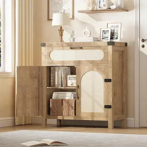 GarveeHome Rattan Sideboard Buffet Cabinets with Storage, Farmhouse Kitchen Accent Storage Cabinet with Drawer, Boho Wooden Coffee Bar Cabinet for Dining Room, Living Room, Hallway, Natural