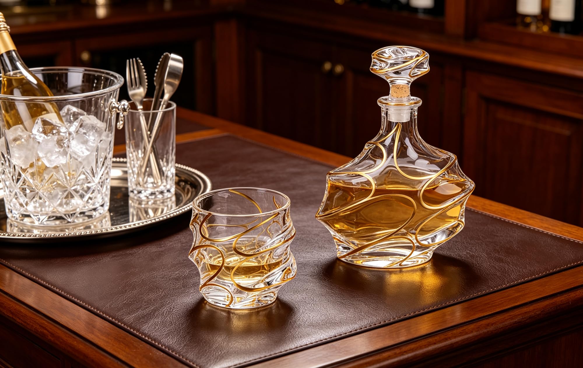 Carafe à whisky en cristal doré peinte à la main avec bouchon en verre – 750 ml élégante carafe à liqueur pour whisky, scotch, bourbon et spiritueux (carafe à décanter et 6 verres)