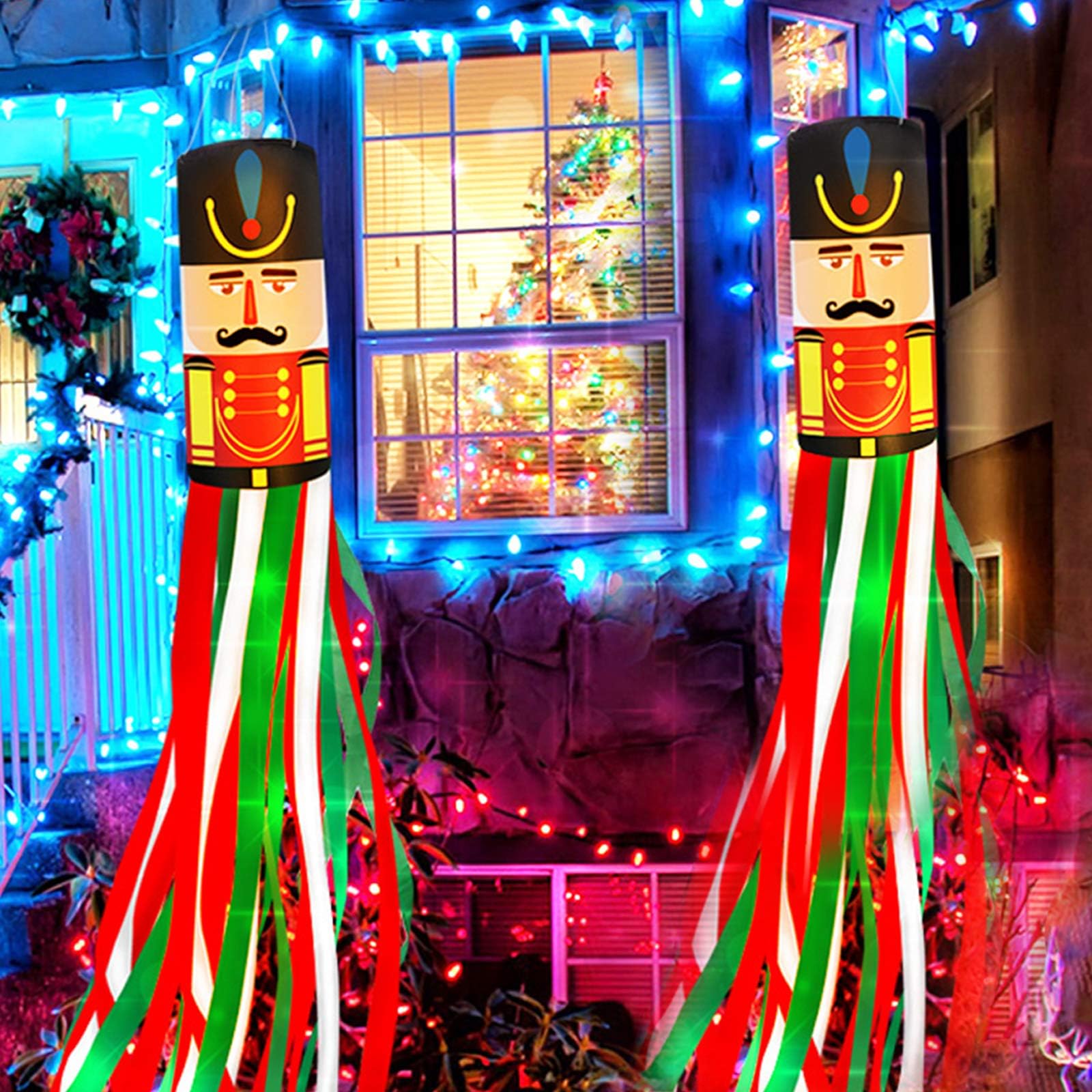 EMGOD Christmas Hanging Decor Nutcrackers Windsock Flag, 2 Pack 60 Inch Christmas Decoration Garden Flag,for Outdoor Indoor Front Door Yard Porch Patio Tree Lawn Garden Holiday Party