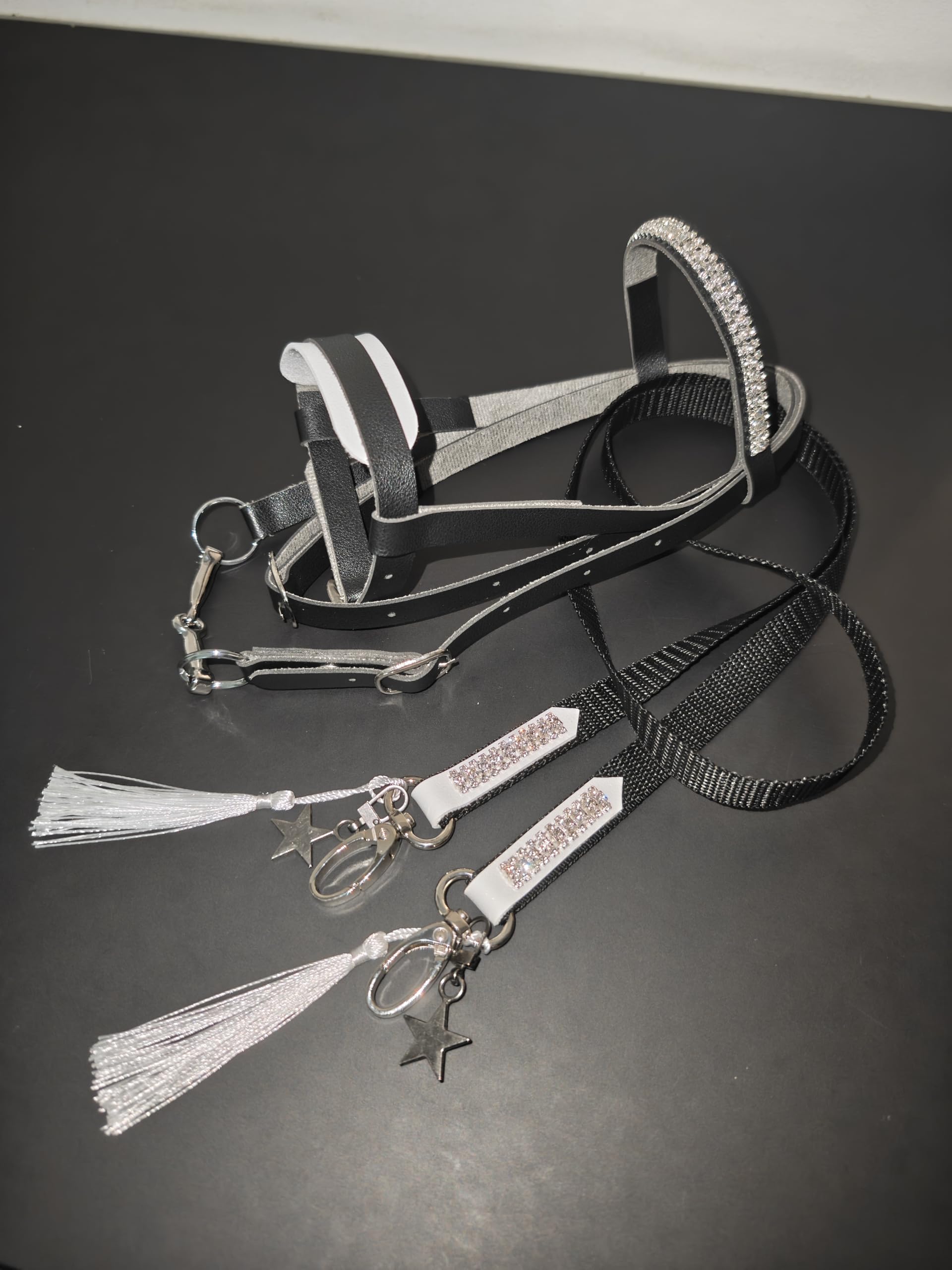 Generisch Hobby Horse Trense, negro con brillantes, acolchado blanco, herrajes de metal plateado, con riendas