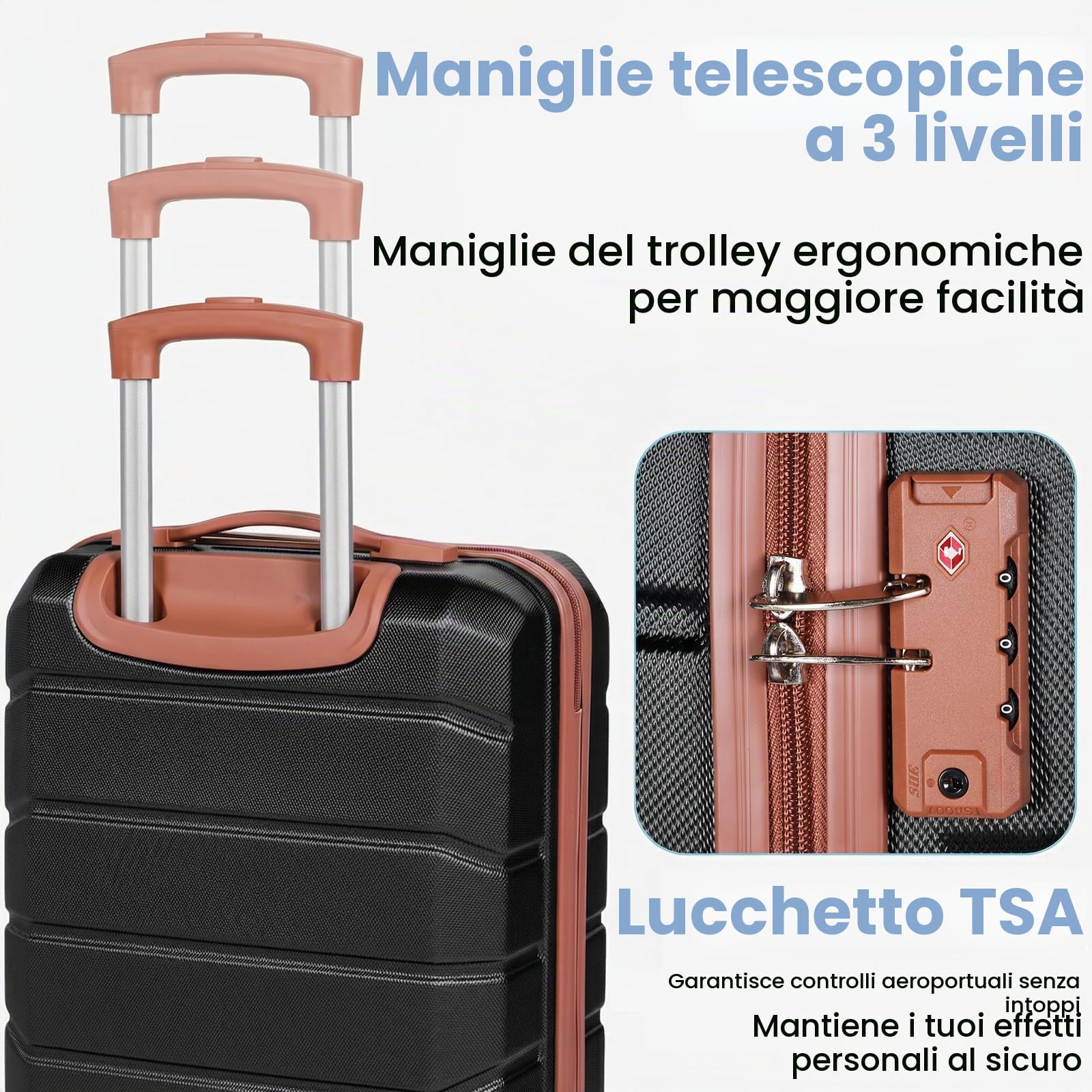 H.yeed Set di valigie 5 pezzi, valigie da viaggio leggere con ruote in ABS rigido, dotate di 4 ruote piroettanti e lucchetto TSA, per uomo e donna, 21"+24"+28"+borsa da viaggio e beauty case, nero