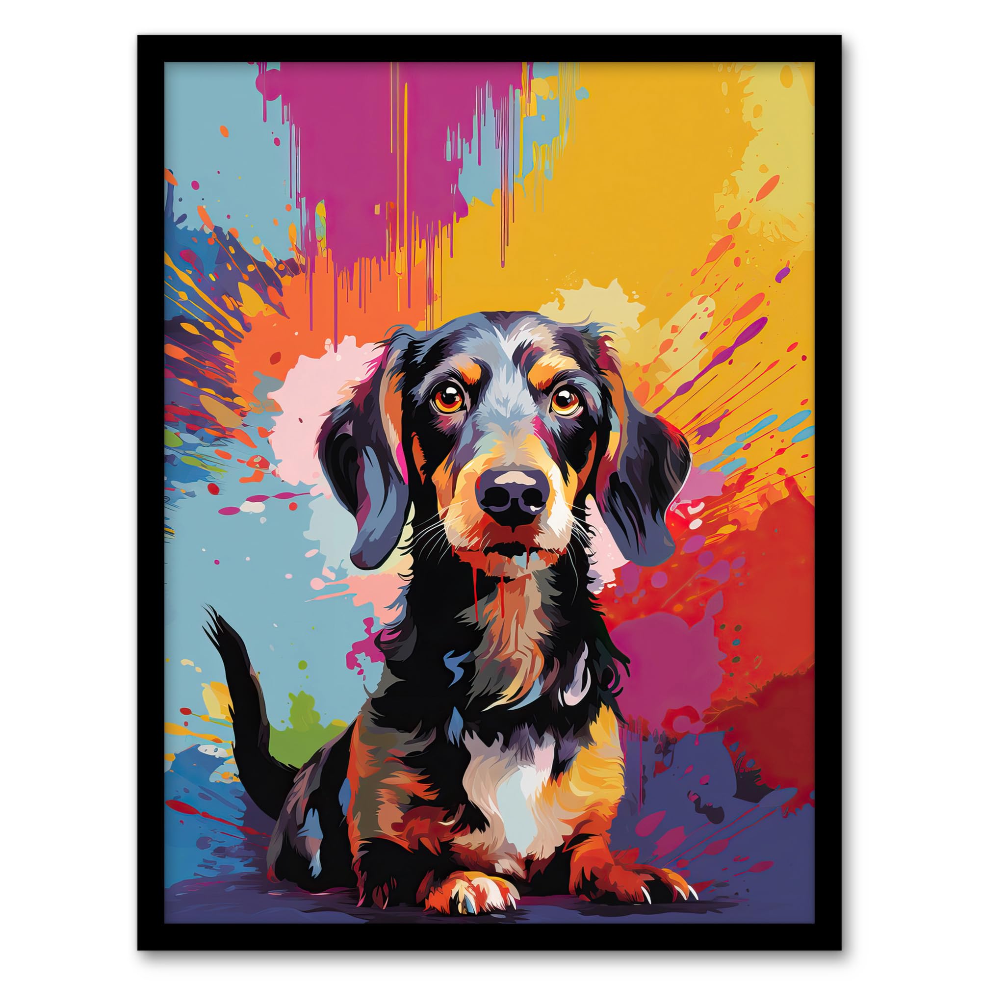 Wirehaired Dachshund Dog Lover Gift - Pet Portrait Colourful Artwork Painting - Artery8 Framed Print - A4 Size