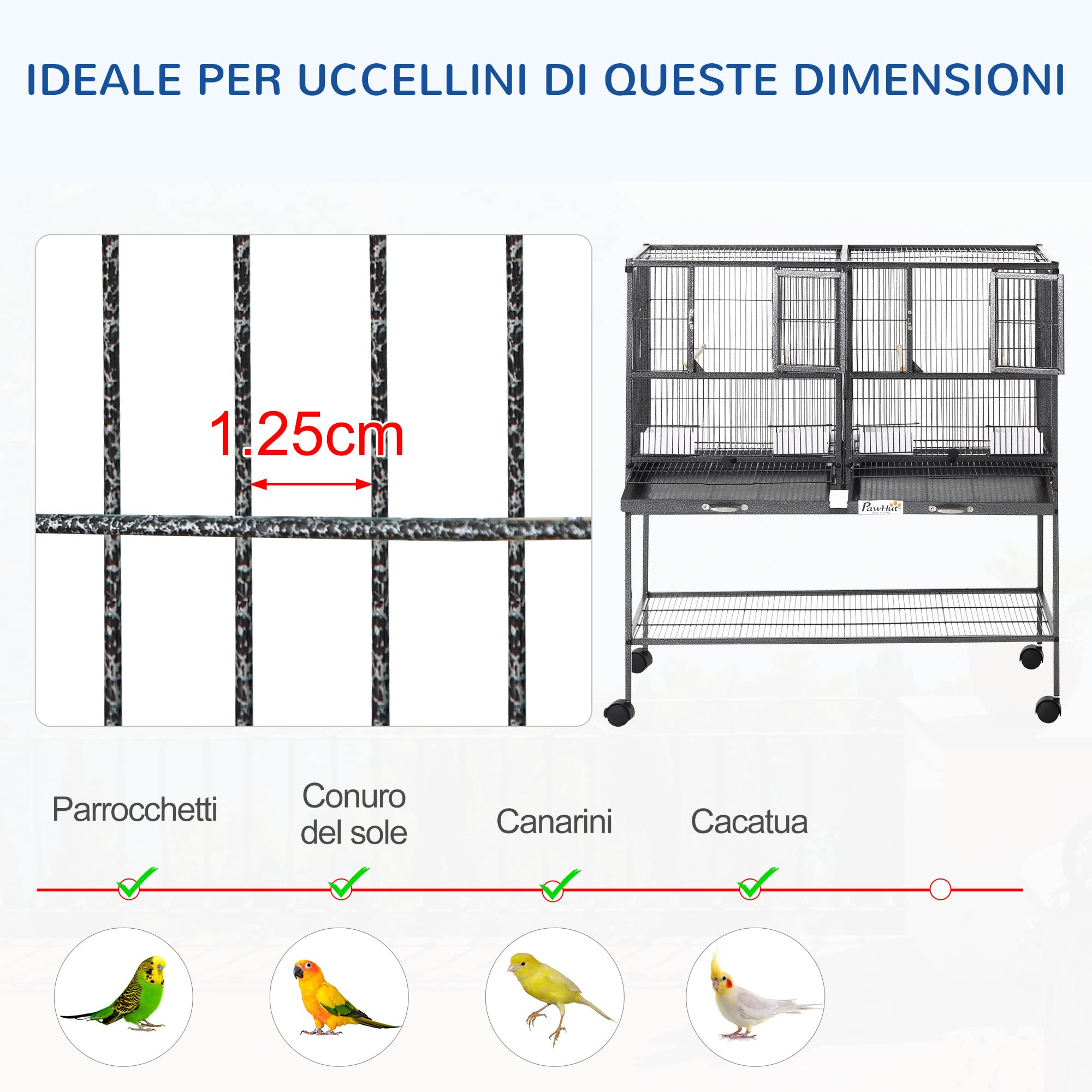 PawHut Doppia Gabbia per Uccelli in Metallo di Alta Qualità con Vassoi Estraibili, Supporto Stabile con 4 Ruote e Ripiano, 95x45.5x102cm, Nero Grigio