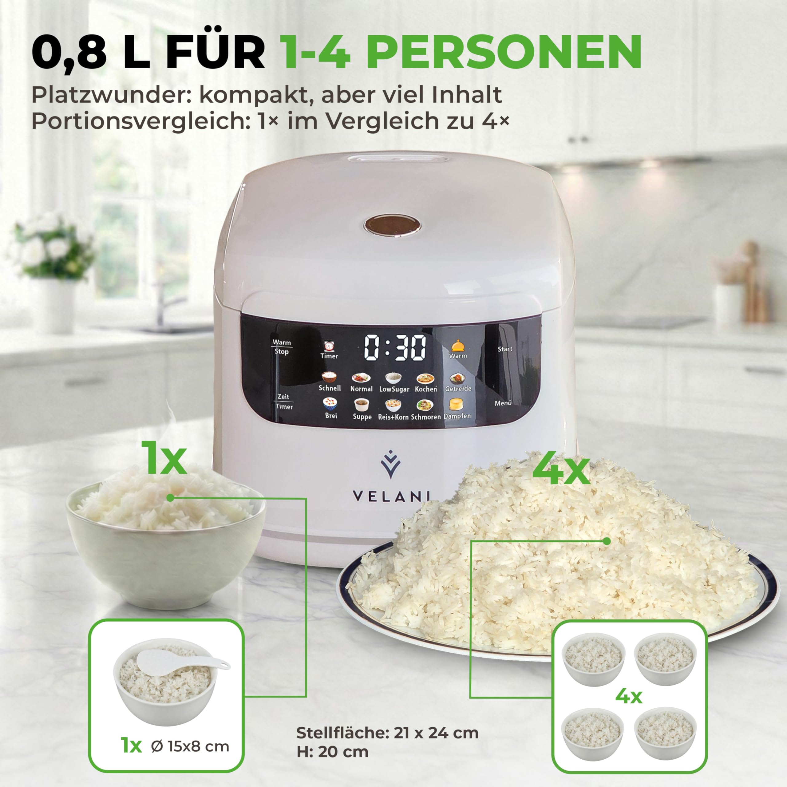 Mini Reiskocher kleiner Multikocher 0,8L 3,5 Cup/1-4 Portionen, 10 Programme für ALLE Reissorten inkl. stärkereduzierter Basmati Vollkorn Getreide Dampfgarer Brei Suppe Schmoren (cremeweiß, 0,8 Liter)