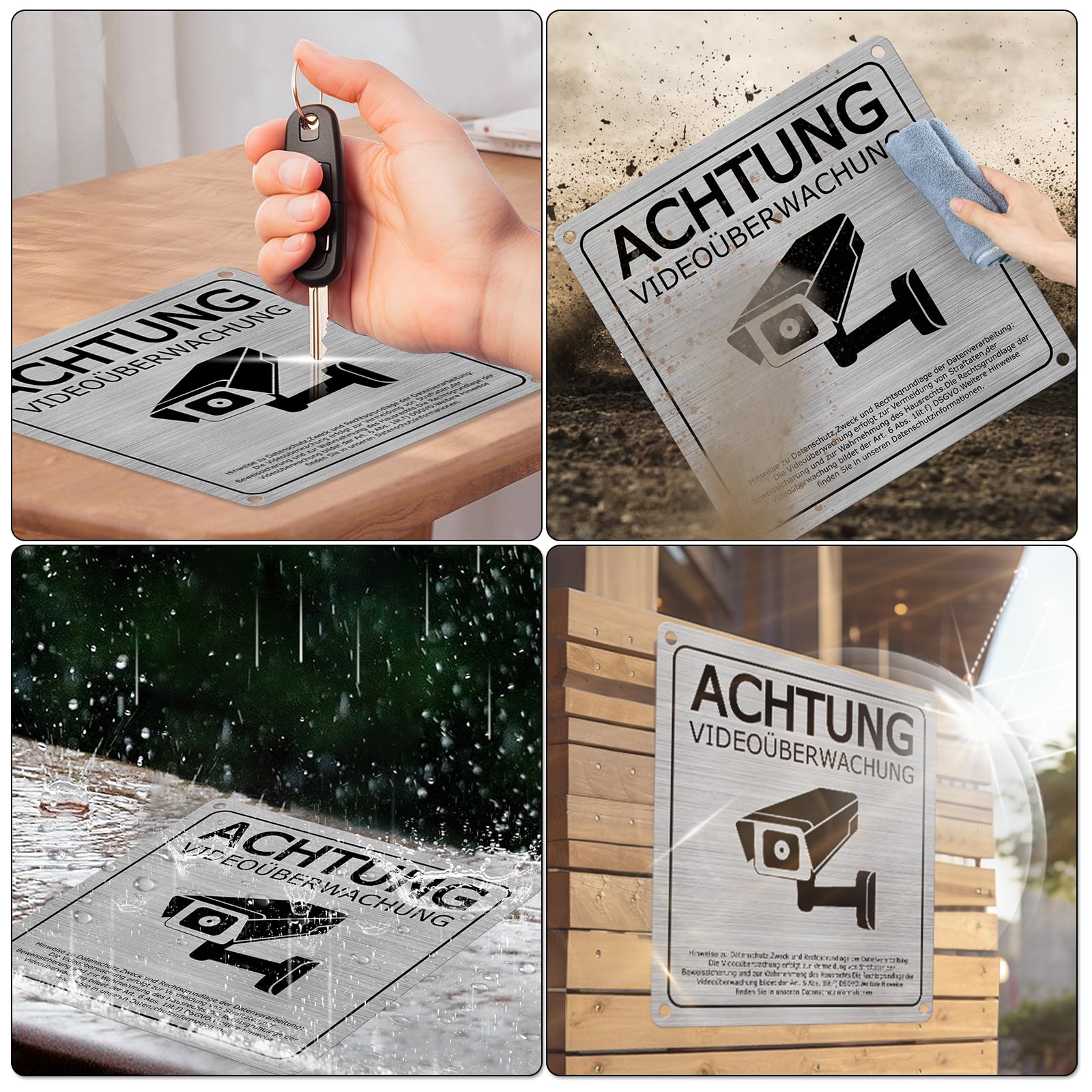 4 Cartelli Avviso Videosorveglianza 15x15 Cm In Alluminio Autoadesivi - Resistente E Riflettente - 2