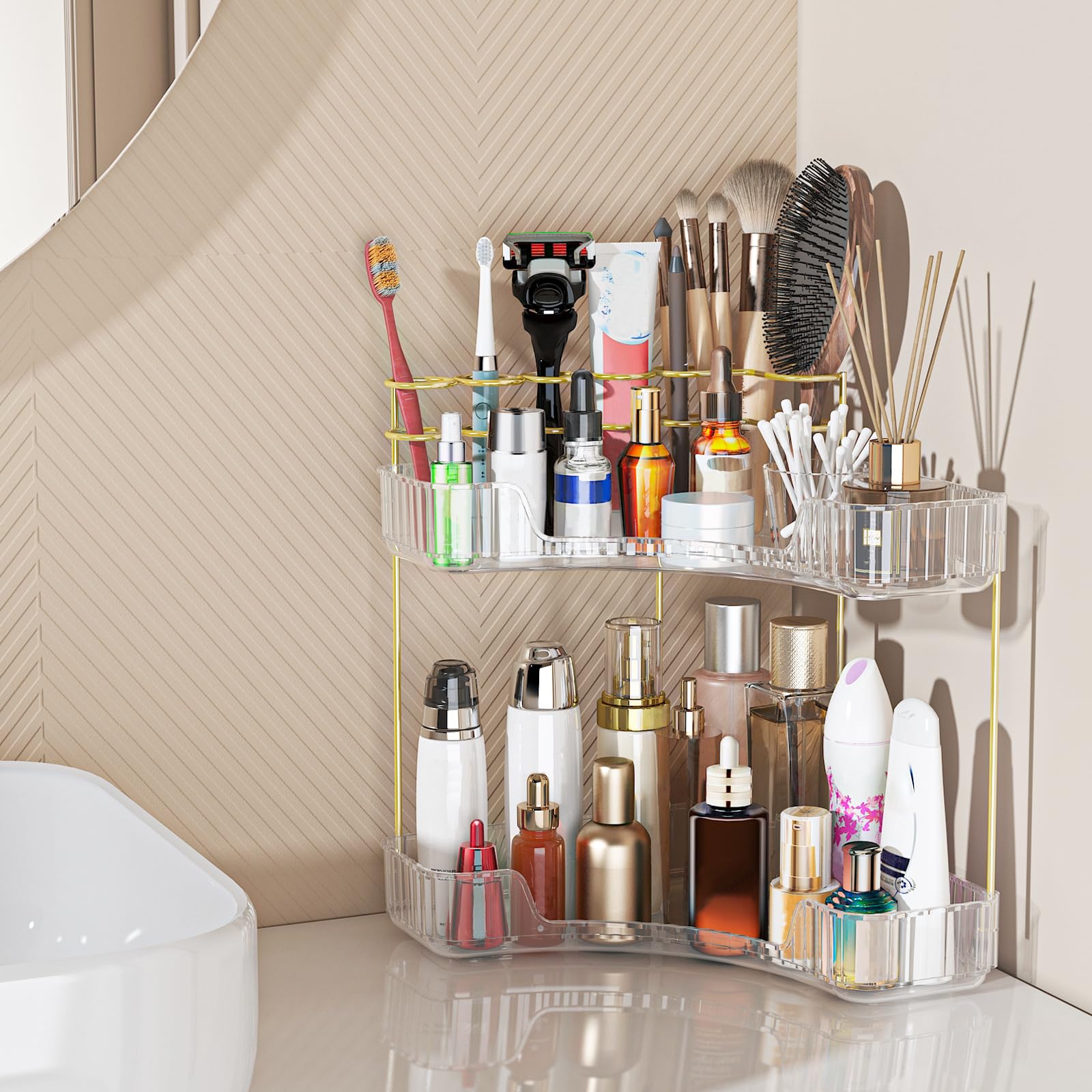 Webetop Eck-Make-up-Organizer für Schminktisch, 2-stöckig, Badezimmer-Kosmetik-Organizer, Arbeitsplatte mit Make-up-Pinselhalter, Eck-Theke, Aufbewahrung, Hautpflege-Organizer für Badezimmer, Kommode,