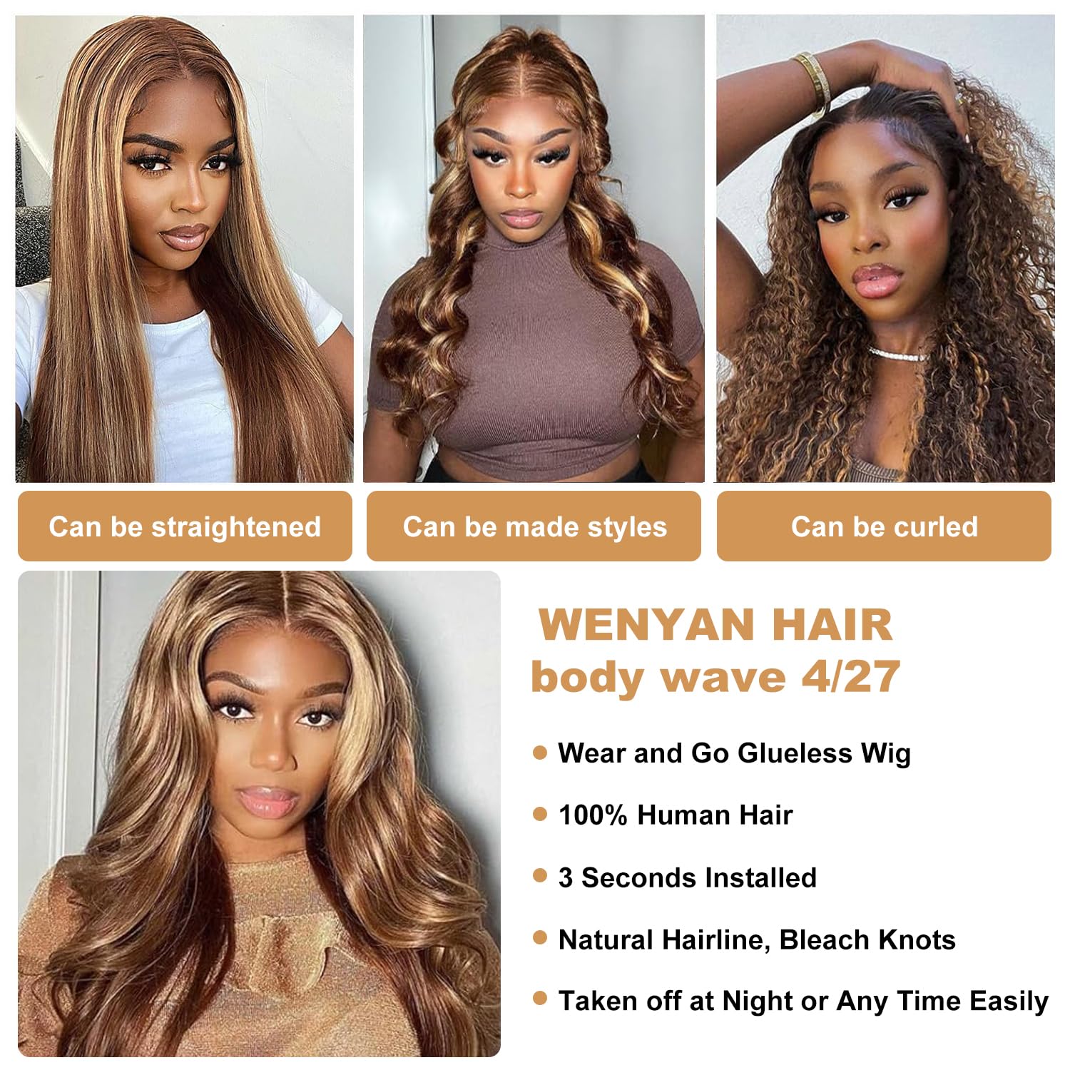 Glueless Wigs Human Hair Wear and Go 4x4 HD Lace Front Glueless Wig Human Hair 180 Density Pre Plucked Pre Cut Body Wave Lace Front Wigs for Women Blond Ombre Color P4/27 (14 inches) - Image 4