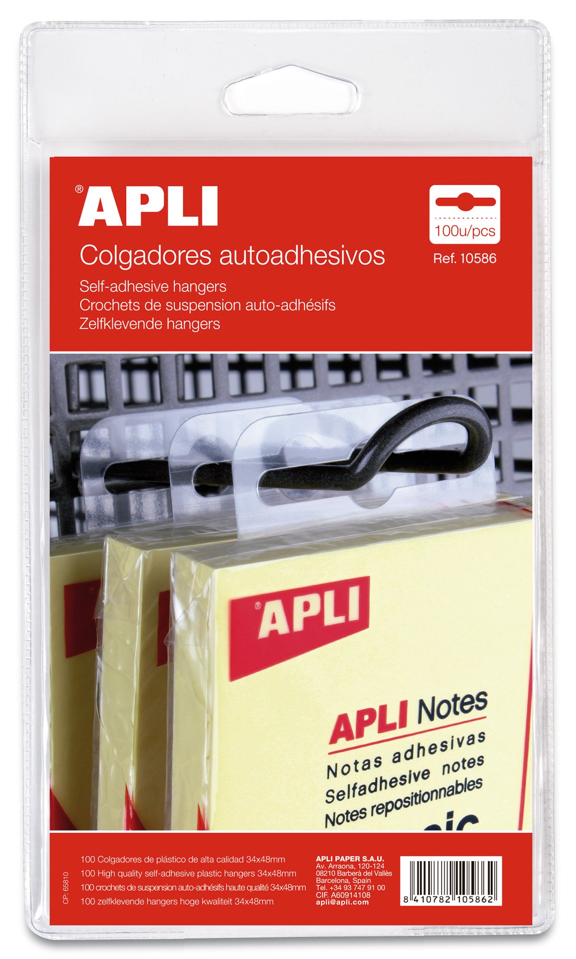 APLI 10586 - Pack de 100 colgadores autoadhesivos, 34 x 48 mm