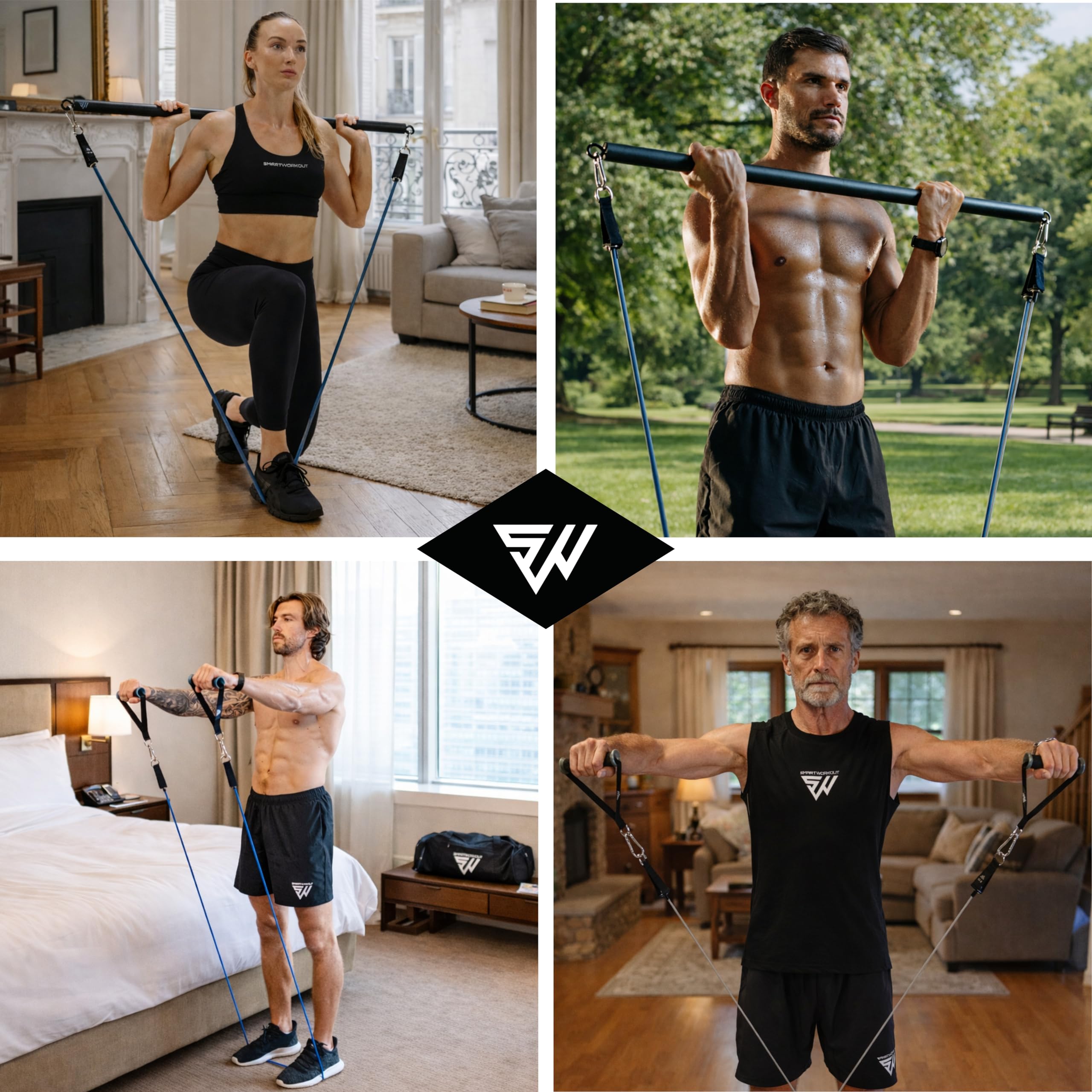 SMARTWORKOUT - Kit d’Élastiques de Musculation - 7 Bandes de Résistance Ajustable - Poignées, Sangles de Cheville, Ancrage de Porte, +150 Exercices, Programmes en Vidéo Inclus, Transportable