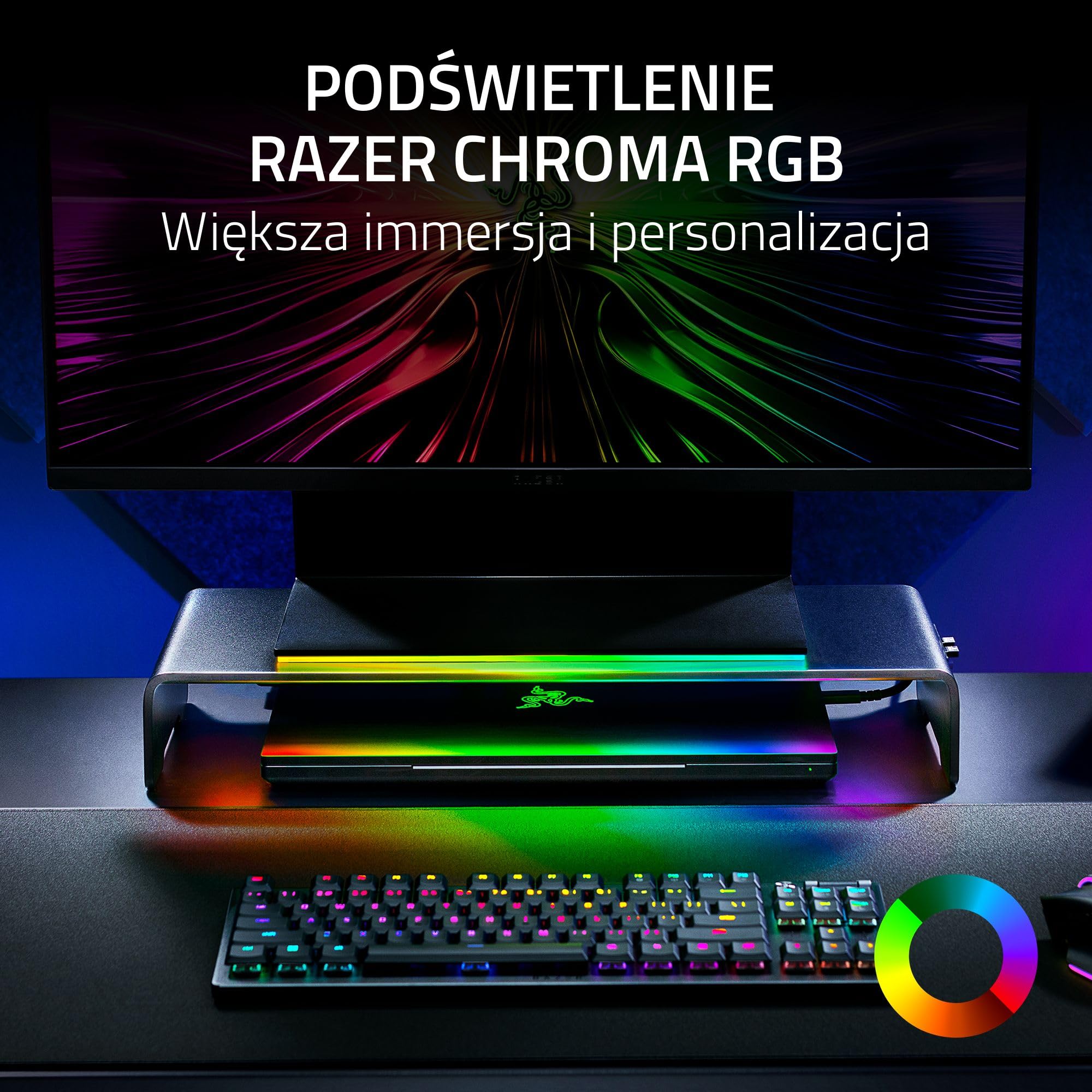 Razer Monitor Stand Chroma - Aluminiowy stojak na monitor z 4-kierunkowym hubem USB-C z Chroma RGB (50 cm x 21 cm x 7,85 cm, solidna konstrukcja, nośność 20 kg, ergonomiczna wysokość) Czarny