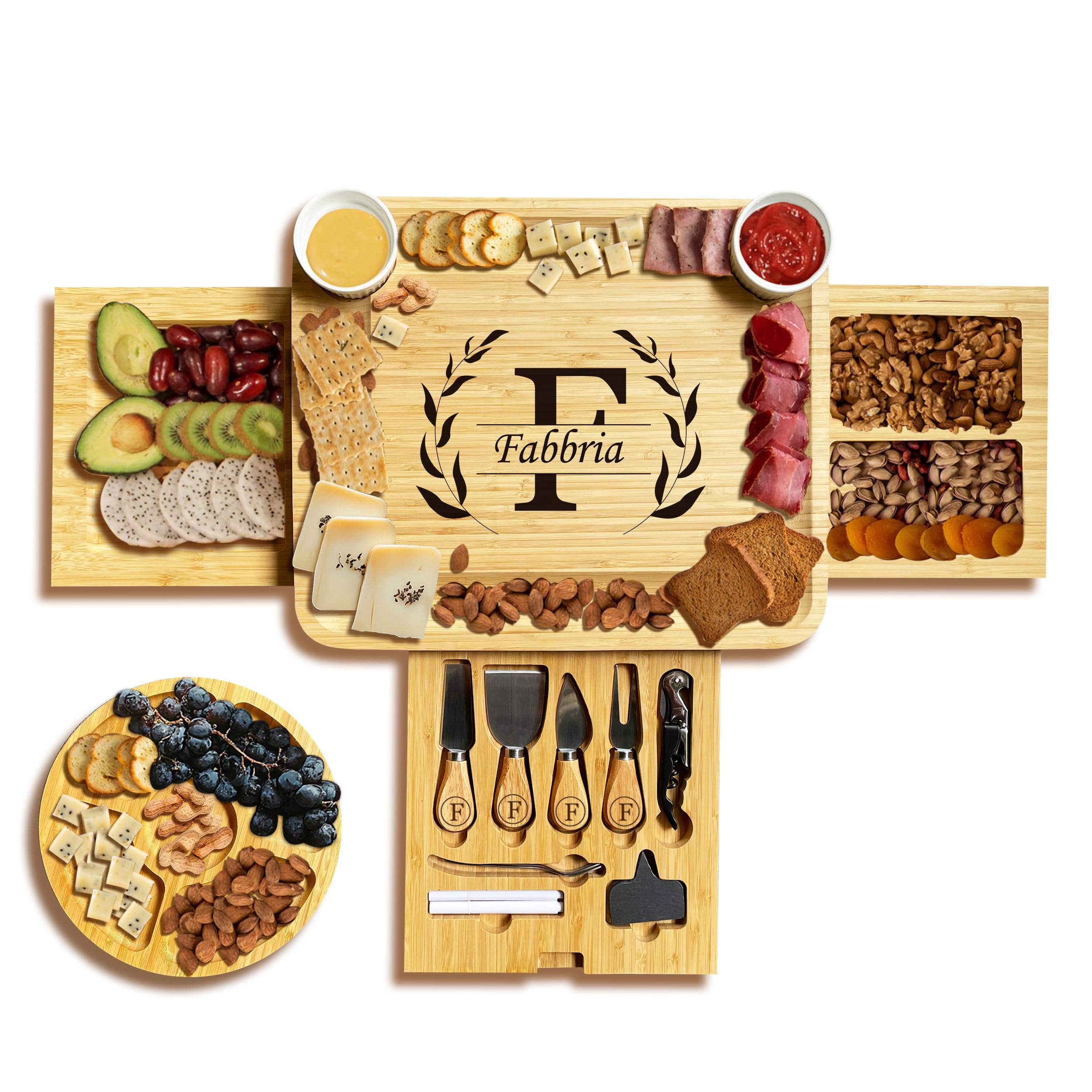 Planche à fromage en bambou avec 3 tiroirs et ustensiles - Plateau rond inclus - Cadeau de mariage, d'anniversaire, de pendaison de crémaillère pour famille, femme, couple