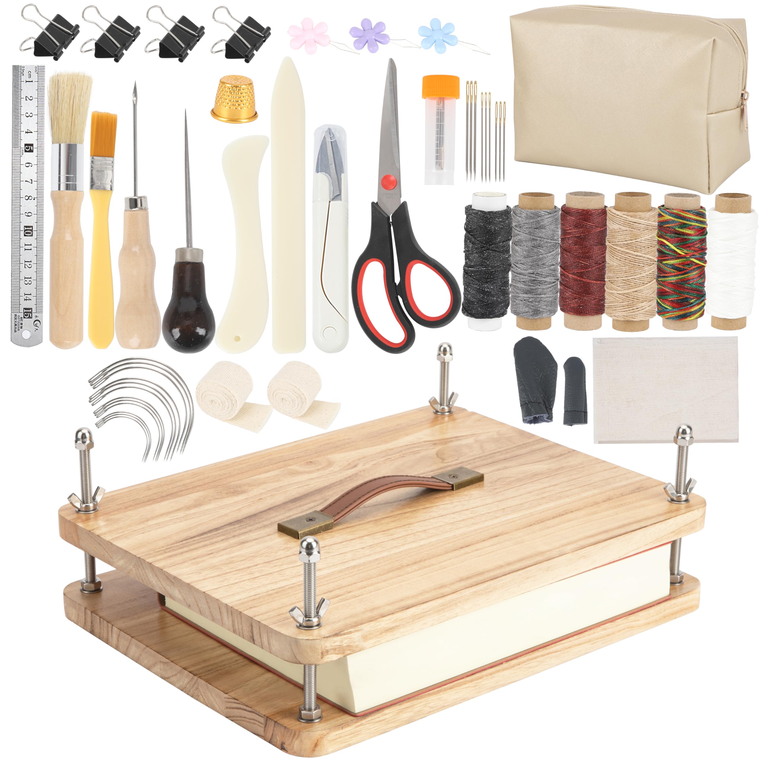 FUXAFU Buchbinde-Set, 38,1 x 29 cm, Holzbuchpresse, Buchbindematerialien, mit Knochenfalzer, Ahle, Nadeln für DIY-Buchbindung, Buchreparatur, Handarbeit, 50 Stück