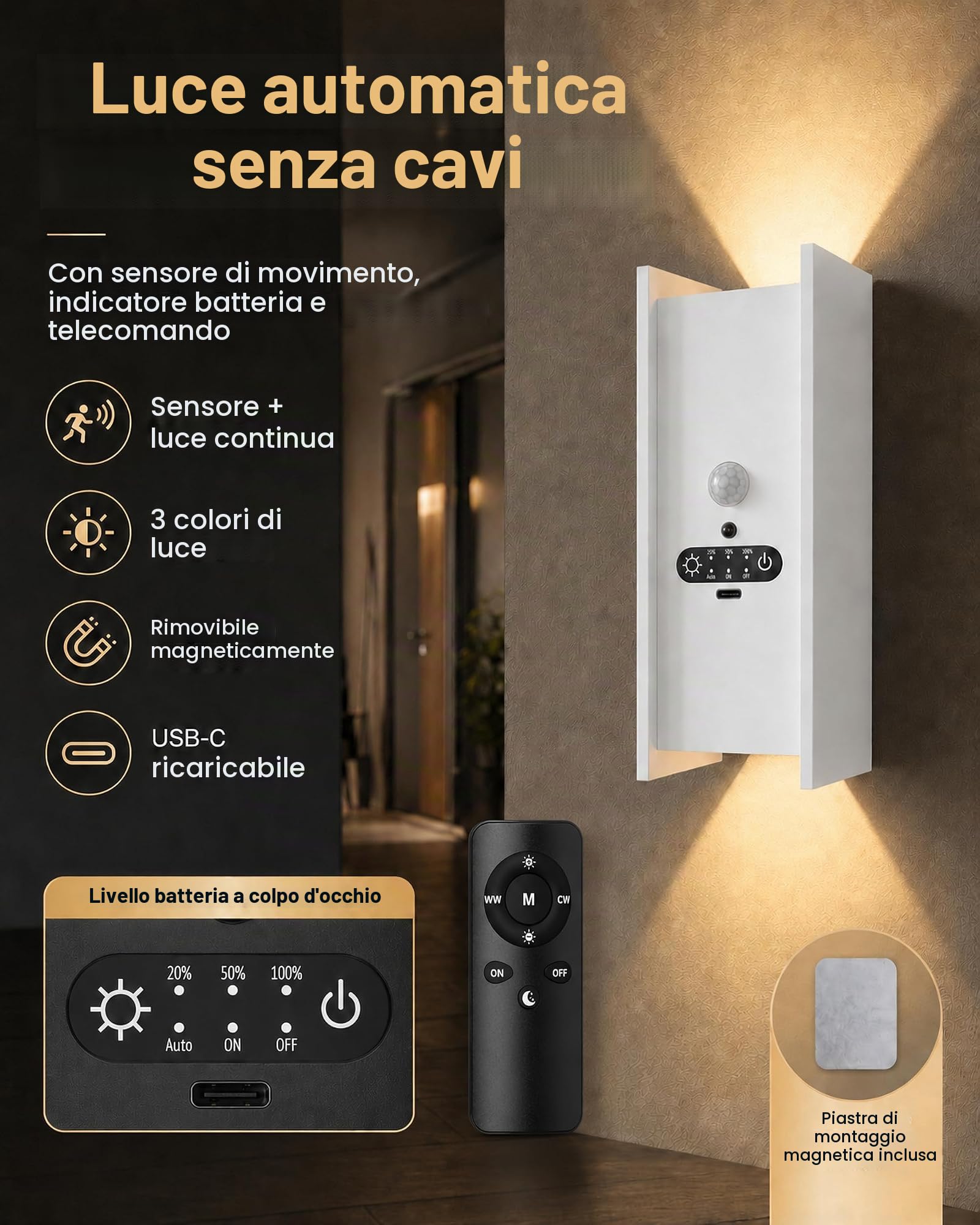 ACMHNC Lampada da Parete Senza Fili, Applique Ricaricabile da parete interno con Sensore di Movimento, 5W LED lampade senza corrente, Bianco Caldo, per Cameretta, Scale, Corridoio, Bianco