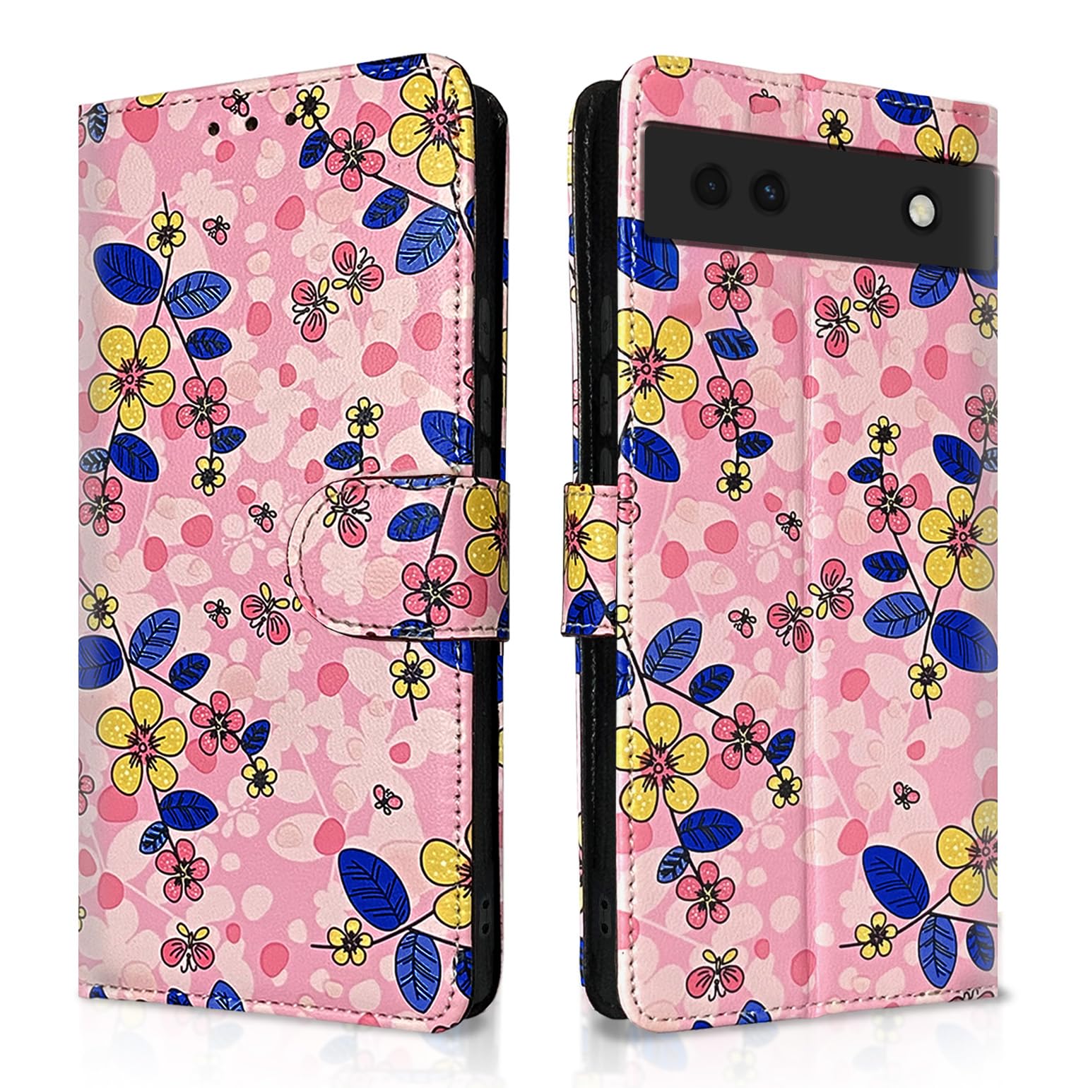 Pikkme Google Pixel 6a Flip Cover for Girls Leather Finish | Inside TPU with Card Pockets | Wallet Stand and Shock Proof | Complete Protection Flip Case (Pink Flower)