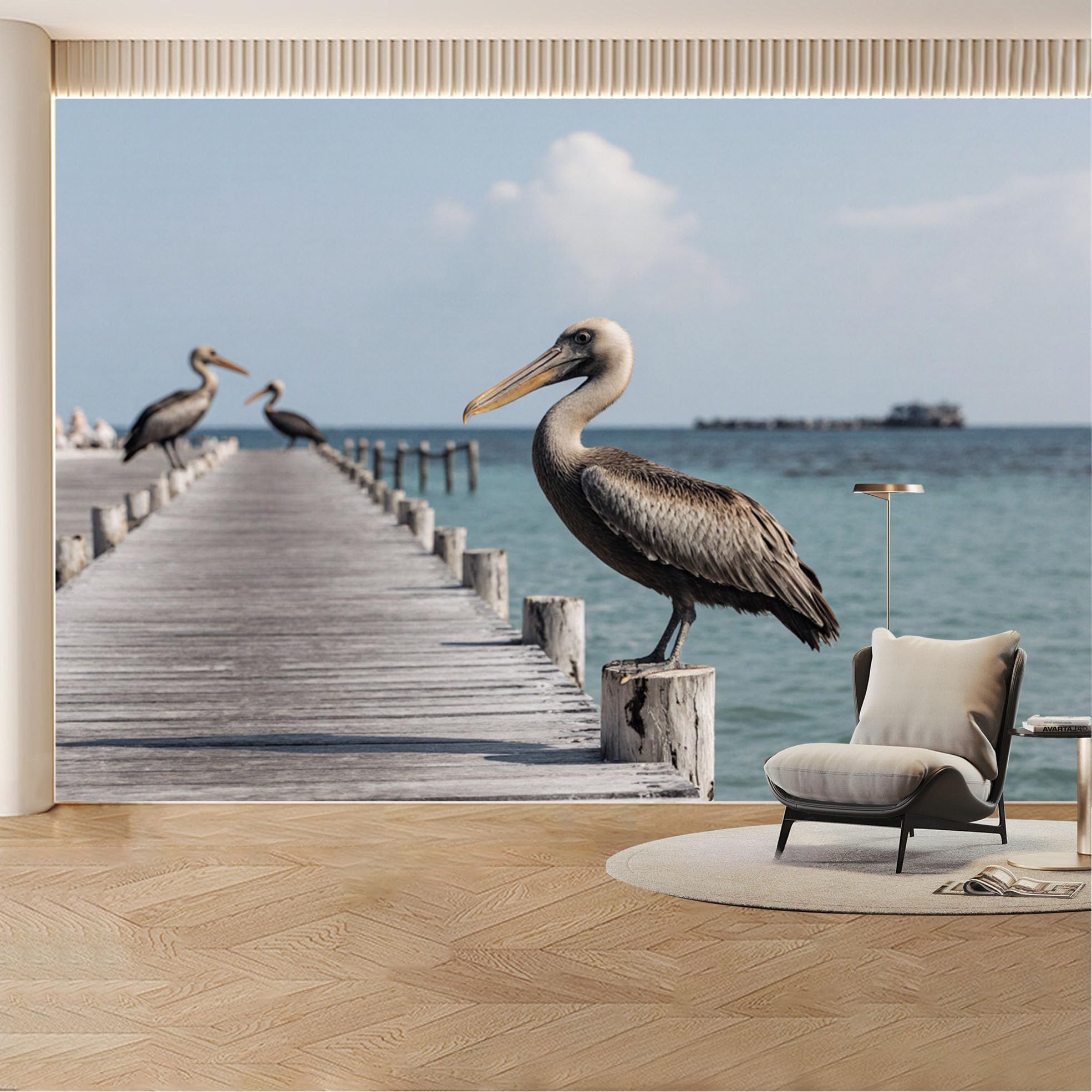 Custom Wall Mural Wallpaper Pelican Ocean Pier Nature Landscape 3D Effect Wall Decor Tropical Removable SelfAdhesive Large Photo for Living Room， Bedroom， Office