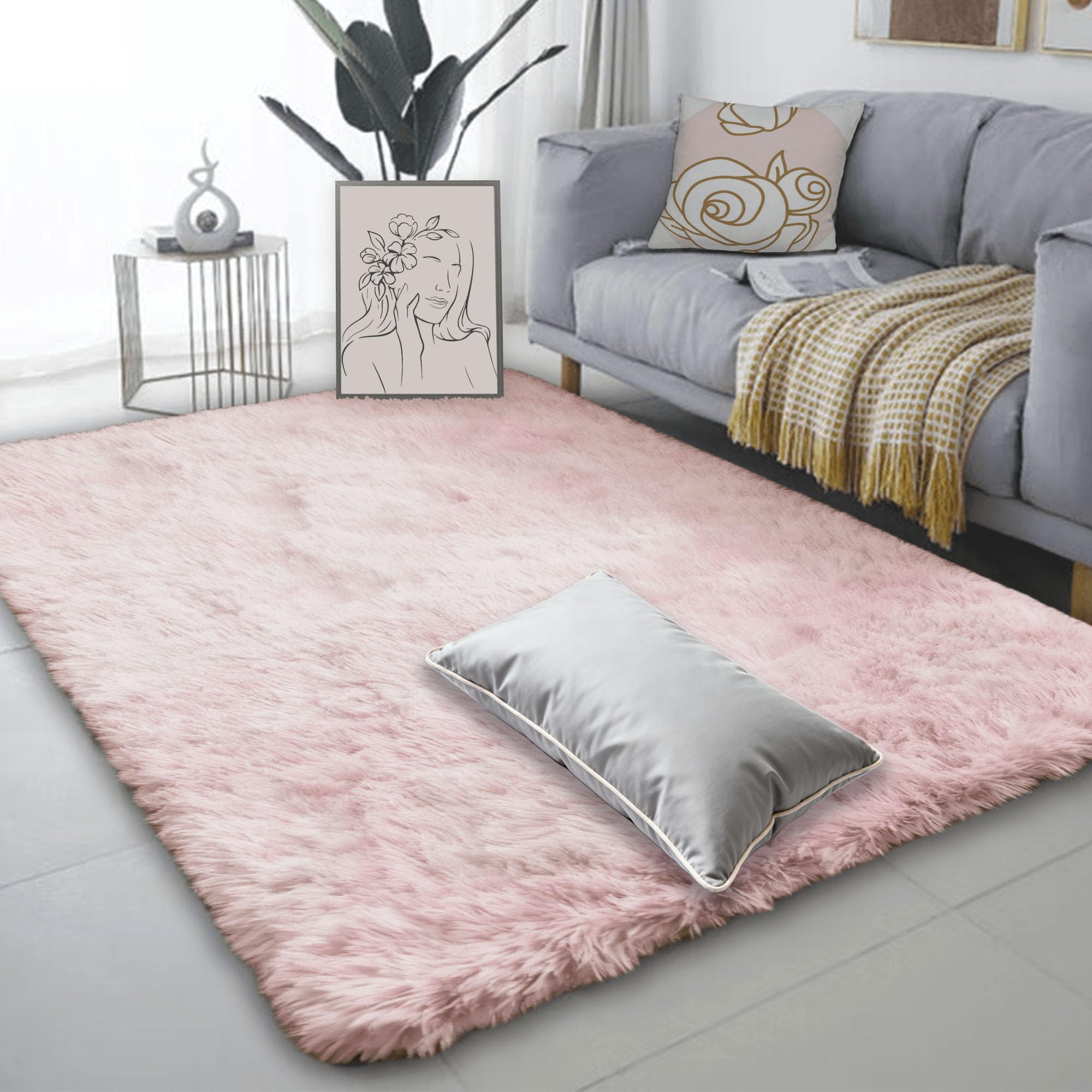 Tappeto Salotto Pelo Lungo 370 x 380 cm Peluche Tappeto a Pelo Lungo Salotto Aspetto Pelliccia per Soggiorno, Camera da Letto e Ingresso, Rosa Chiaro