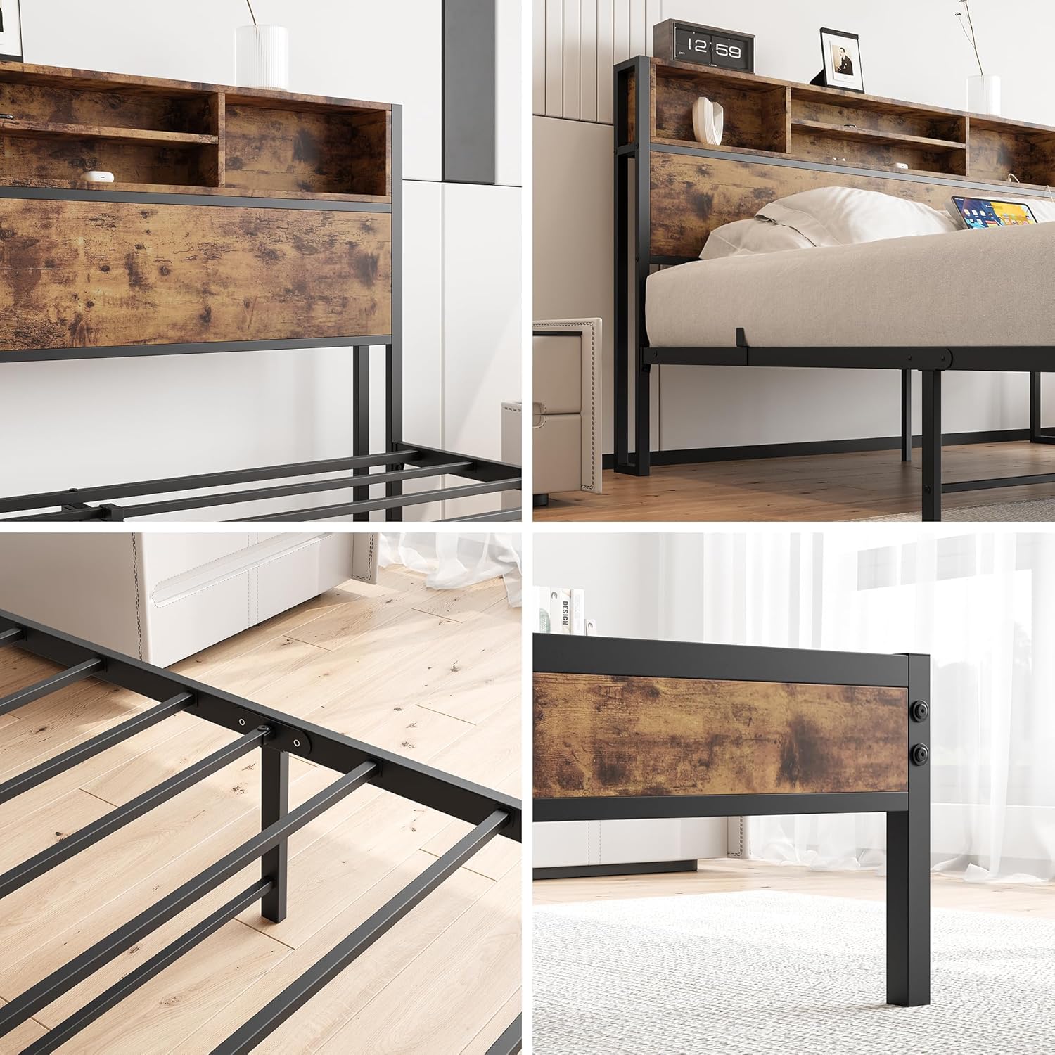 Crocofair Queen Bed Frame with Bookcase Headboard and USB Ports,Metal Platform Bed Queen Size Mattress Foundation,Metal Slats Support,No Box Spring Needed,Industrial Style(Vintage Brown) - Image 8