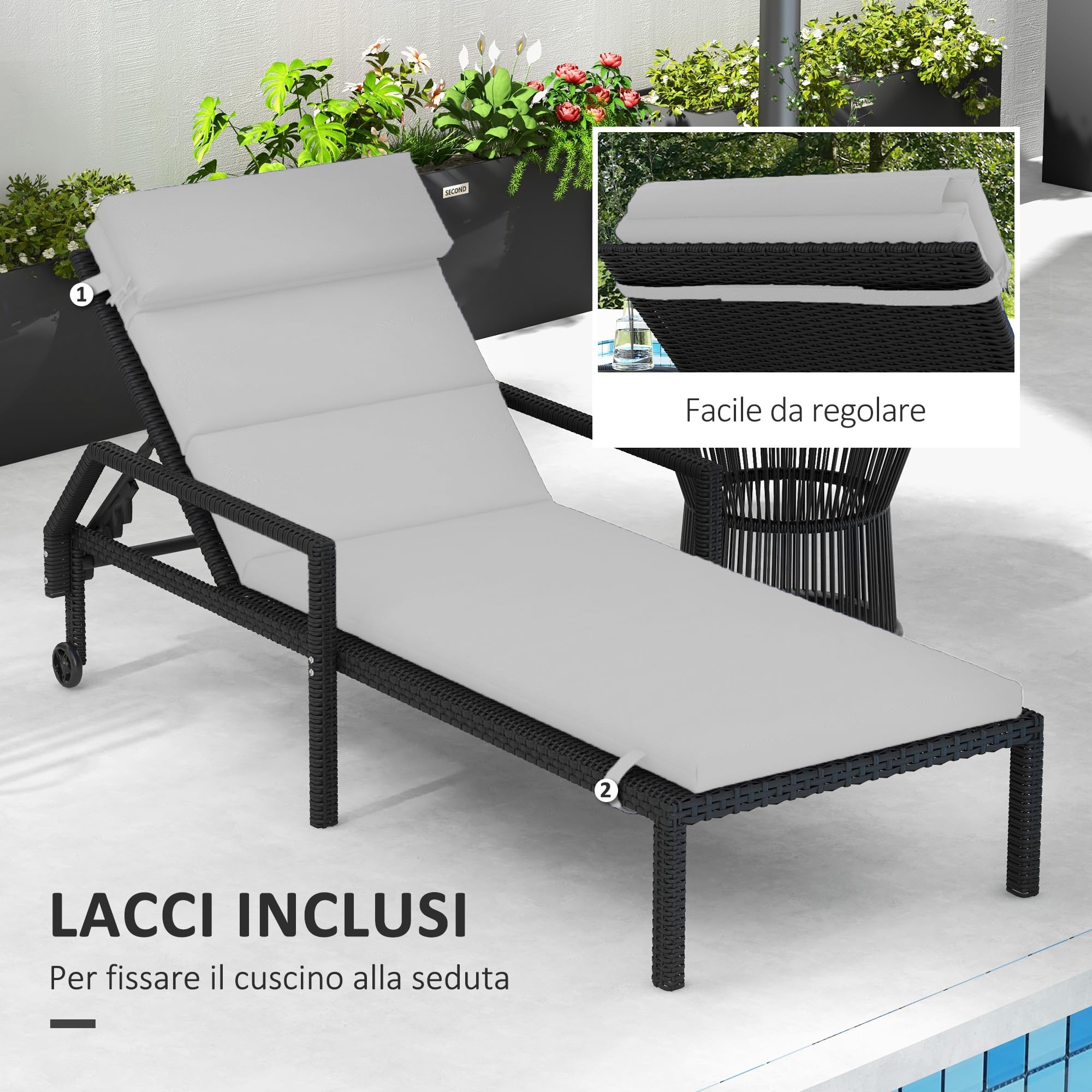 Outsunny Cuscino per Sdraio e Lettino Prendisole, Cuscino Imbottito con Poggiatesta e Lacci in Poliestere Resistente all'Acqua, Grigio Chiaro