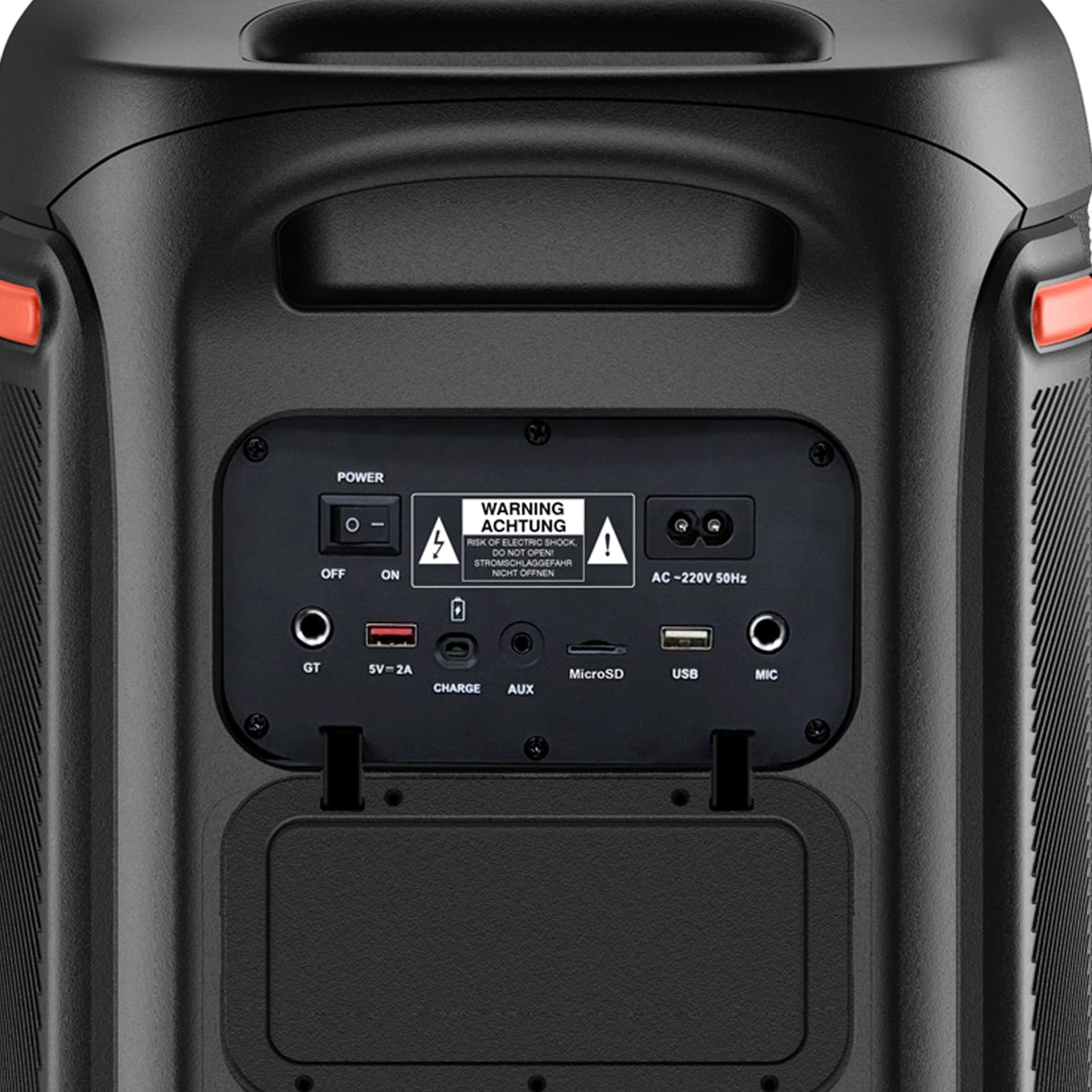 Denver BPS-470 - Bluetooth Party Lautsprecher Groß 2000W mit LED RGB Licht | 2x10 Zoll Woofer, Mikrofon & Fernbedienung, TWS Stereo-Paarung, AUX/USB/MicroSD, IPX4, 6000mAh Akku mit Rollen, 85 cm