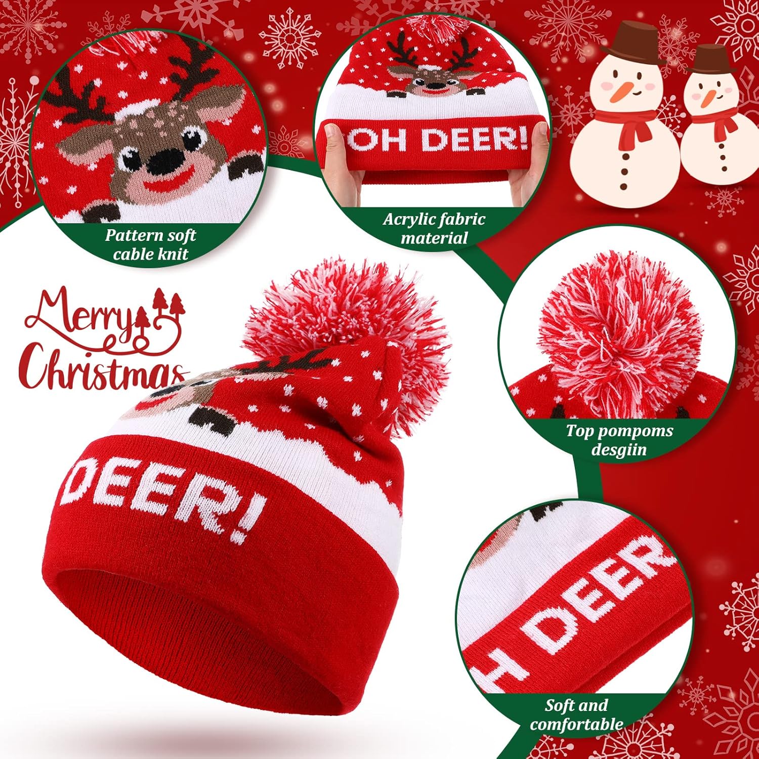 Vicenpal 6 Pcs Christmas Knitted Hat Xmas Beanie Hat Bulk Crochet Knit Cap Set Printed Wool Bulk - Image 2