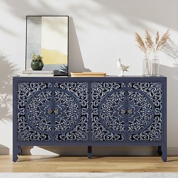 Buffet Cabinet with Storage, 4 Carved Doors Accent Cabinet, Solid Wood Buffet Sideboard with Adjustable Shelf, Vintage Cabinets for Kitchen, Living Room, Entryway, Blue