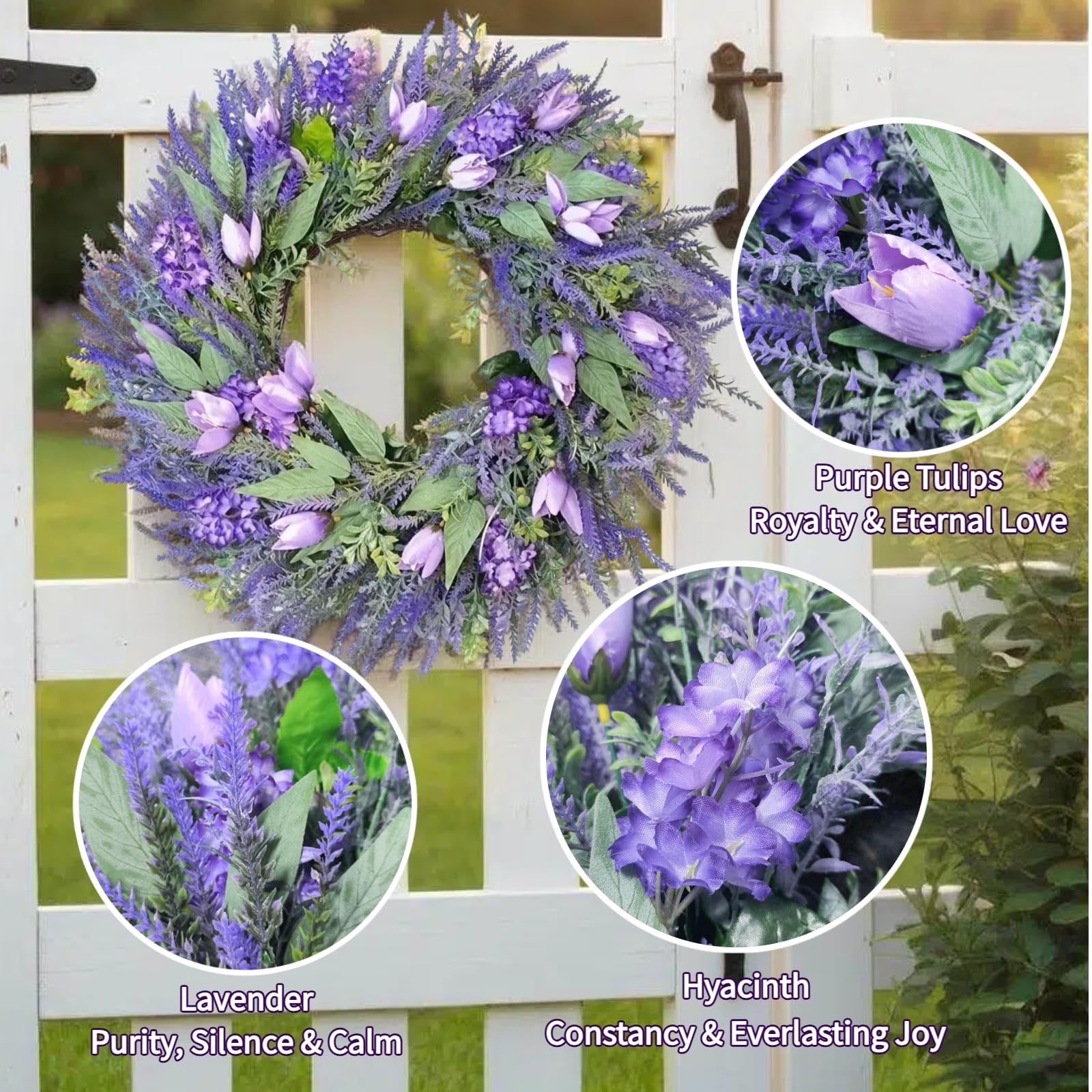 Lavendelkranz Künstlich 66cm für Haustür - Frühlingskranz Türkranz Lila Tulpen & Lavendel - Wandkranz Frühling Sommer Deko für Außen & Innen - Bauernhaus Wanddekoration
