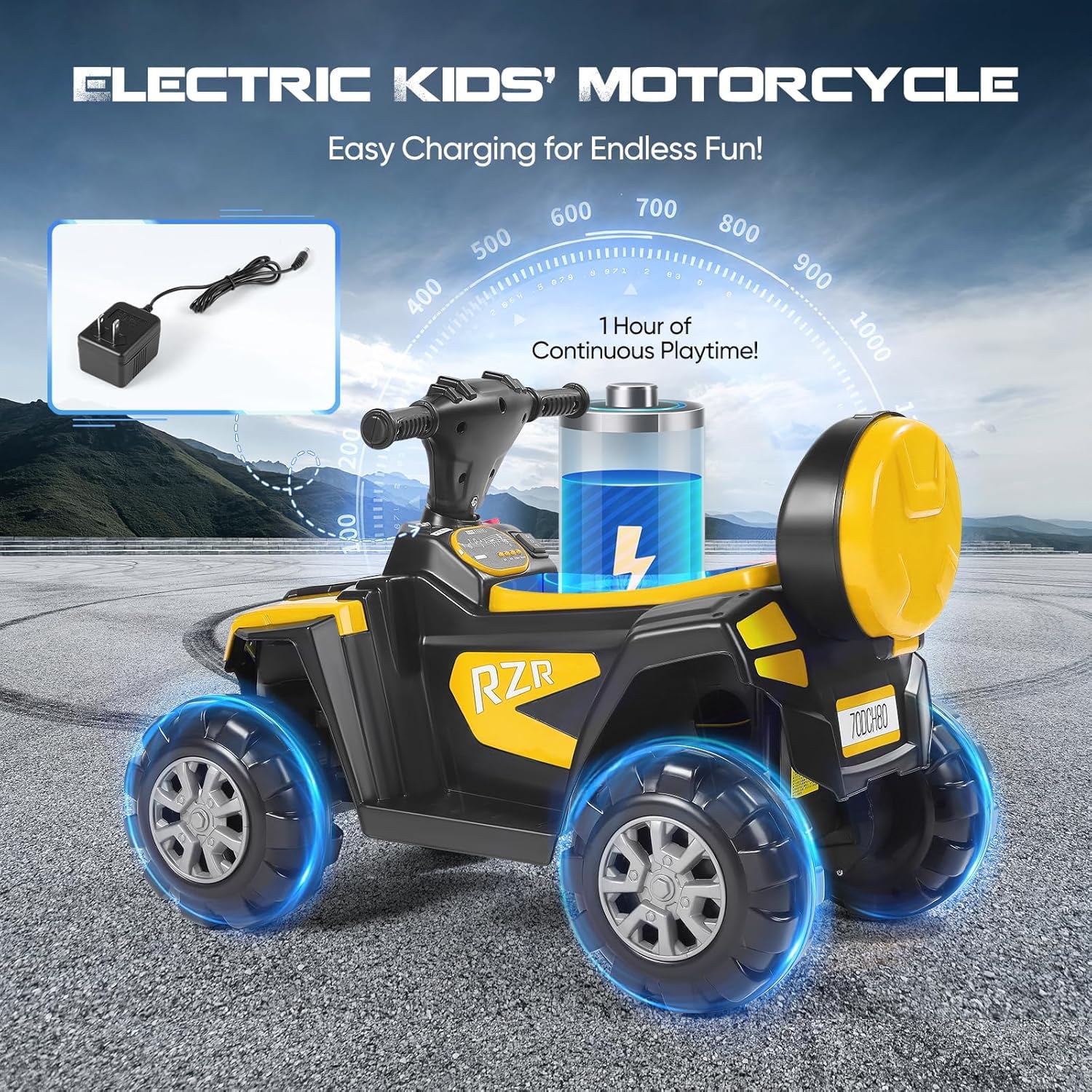 Kinder Elektro-Quad ATV 6V,Kinderfahrzeug Mit 4 rutschfeste Räder & Vorwärts/Rückwärts-Funktion, Für Kinder 3-6 Jahre Alt,Sicheres Kinderfahrzeug mit LED-Leuchten, Musik, Hupe(Gelb)