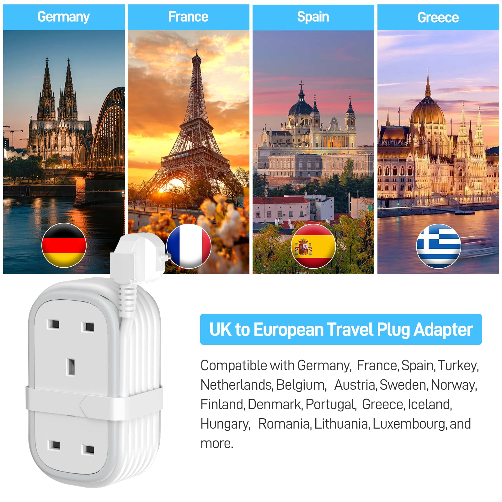 UK to European Plug Adapter with 1.5M Extension Cable, BEVA 2 Way 3 USB (2A+1C) Travel Adapter with Retractable USB C Cable for Germany France Spain Turkey Greece Iceland etc (Type E/F) — view 5