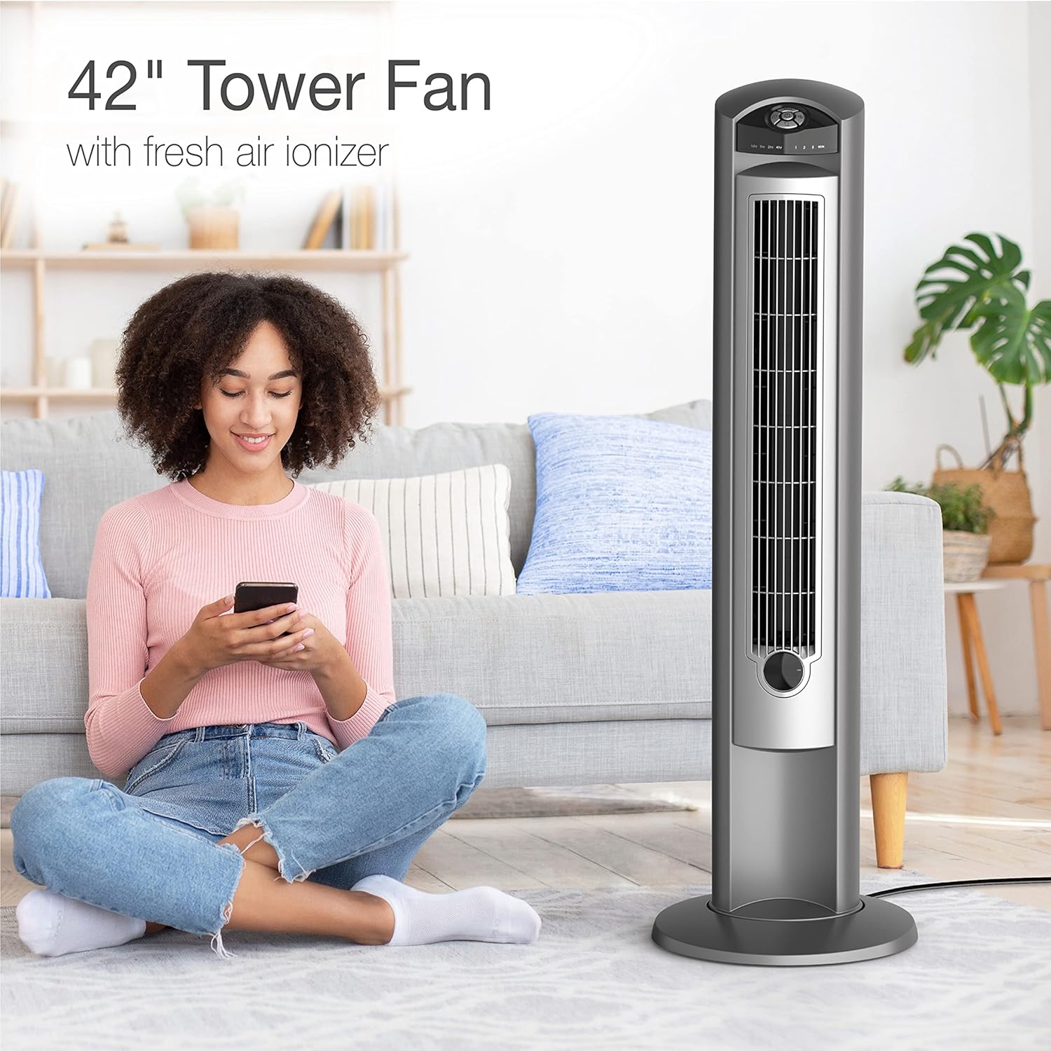 Wind Curve Tower Fan with Lonizer and Remote, with on-Board Storage Location, Auto Shut-Off Timer, Multi-Function Remote Control, Suitable for Bedroom, Living Room, Office, Etc, Black
