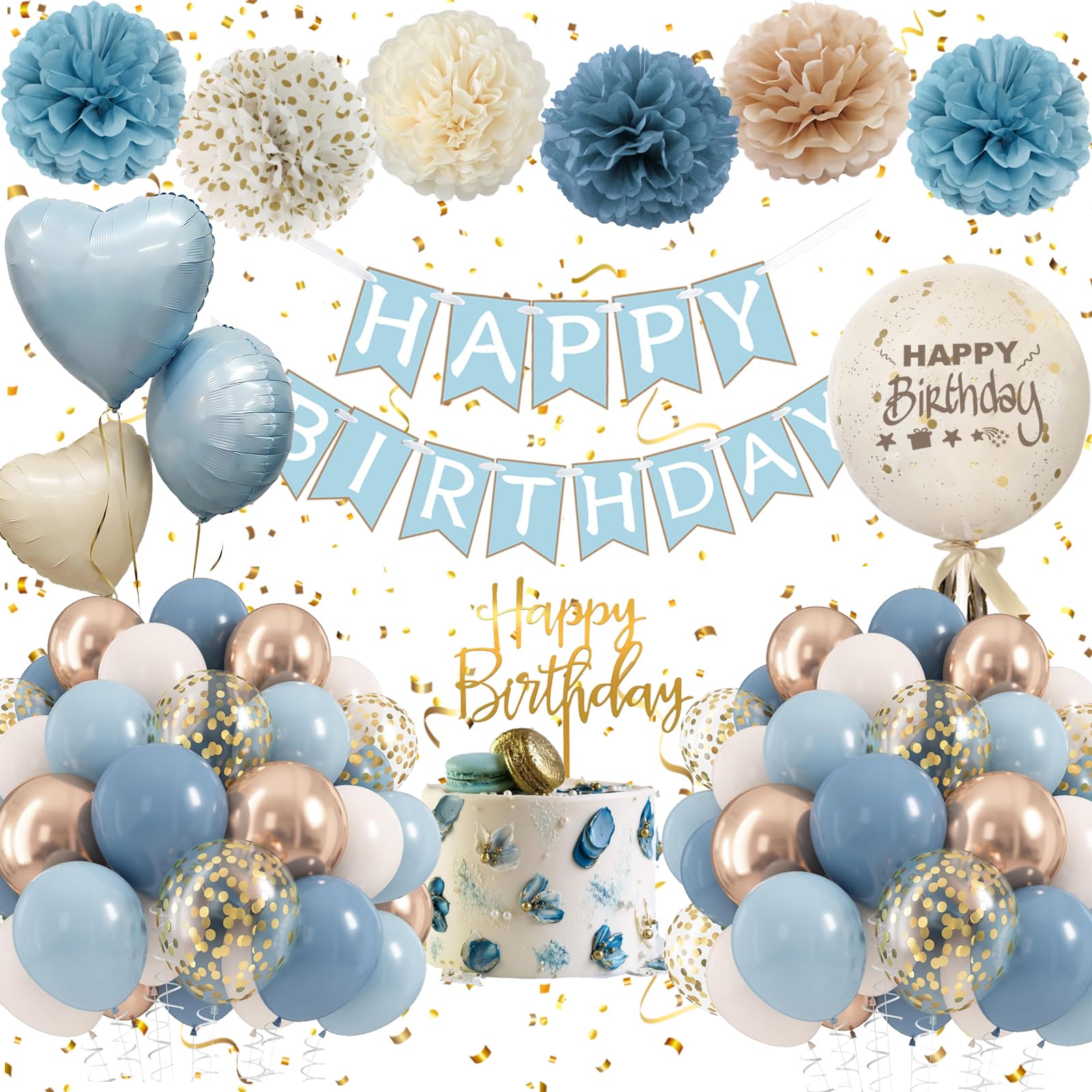 Dusty Blue Birthday Decorations, Birthday Decoration for Women Girls, Party Decorations with Happy Birthday Banner, Pom Poms, Baby Blue Foil Balloons for Baby Shower Boys Men